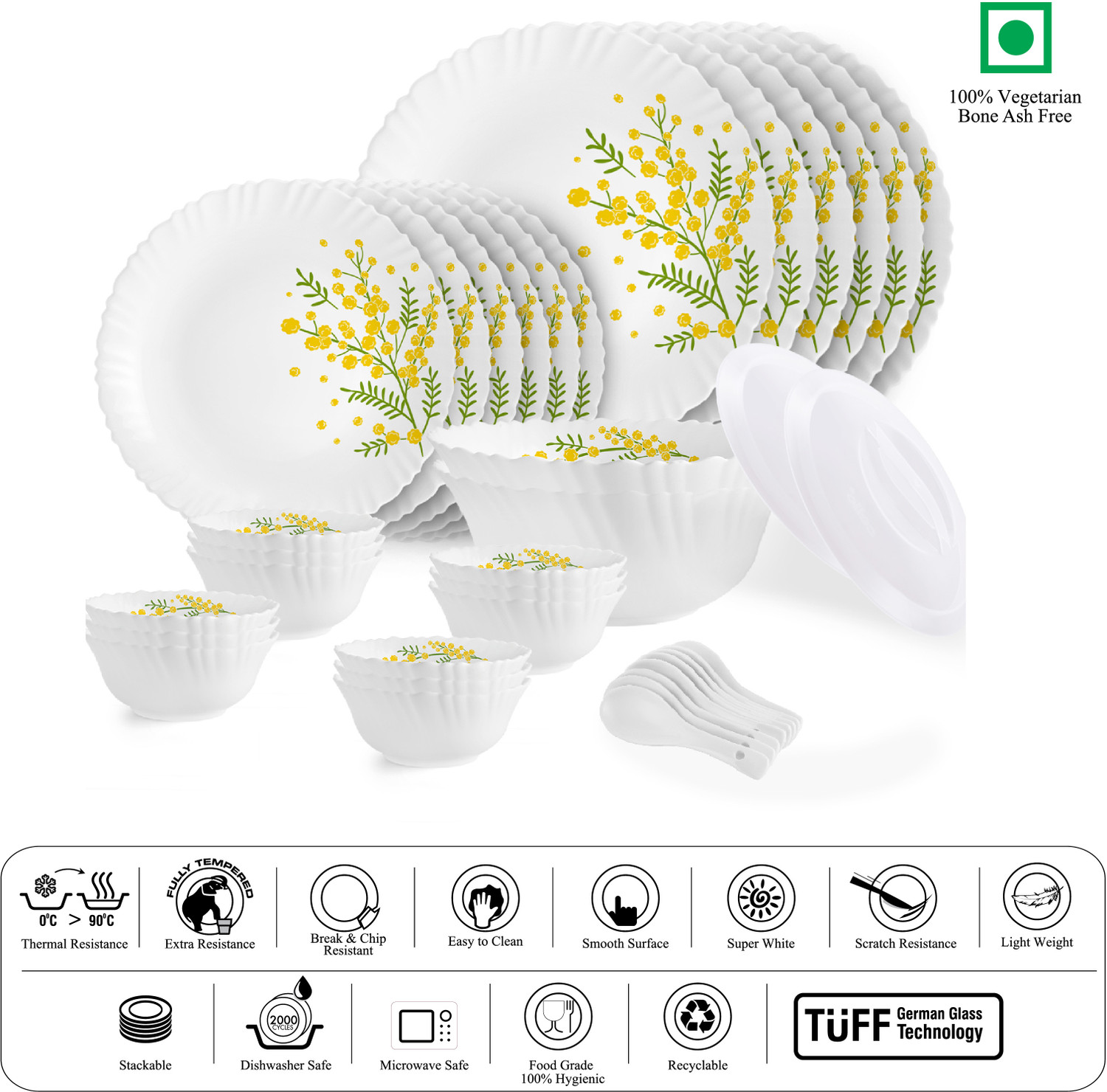 Image of cello Pack of 34 Opalware Dazzle Series Girasol Crockery Set|Dishwasher Safe|Light-Weight Dinner Set (Yellow, Green, Microwave Safe)