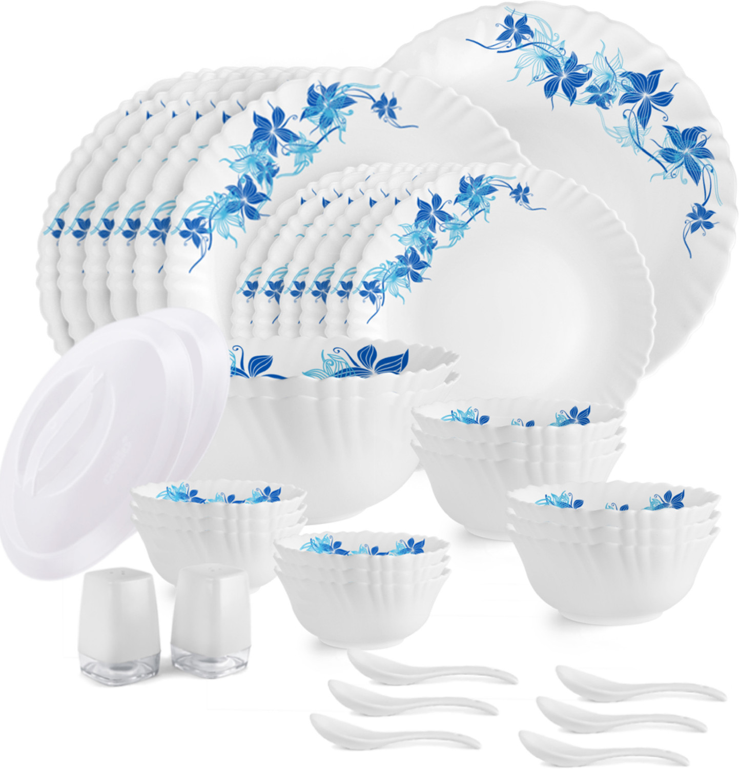 Image of cello Pack of 37 Opalware Dazzle Blue Swirl Scratch Resistant / Light Weight / Smooth Surface Dinner Set (Blue, Microwave Safe)