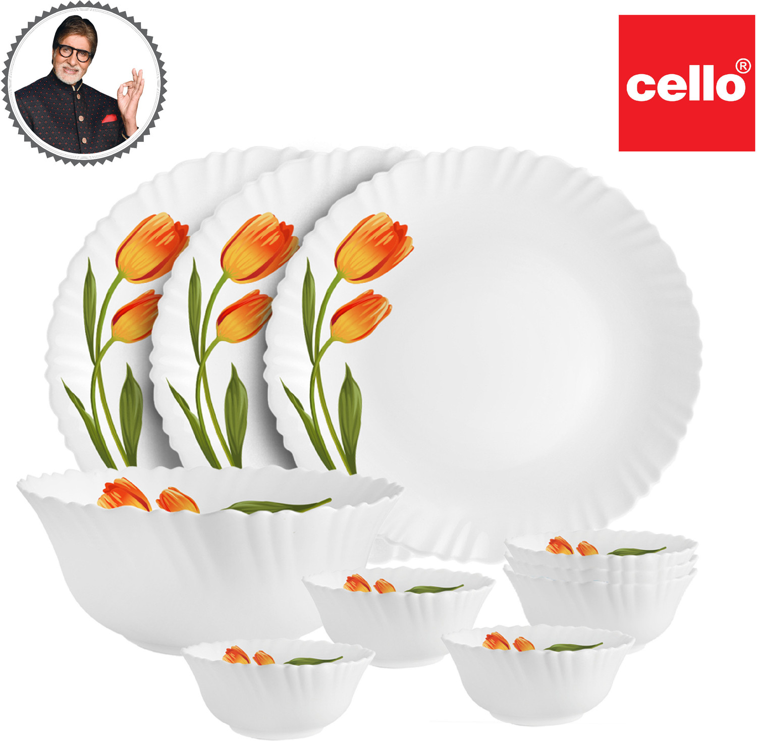 Image of cello Pack of 10 Opalware Dazzle Series Spring Tulip Crockery Set |Dishwasher Safe |Light-Weight Dinner Set (Yellow, Microwave Safe)