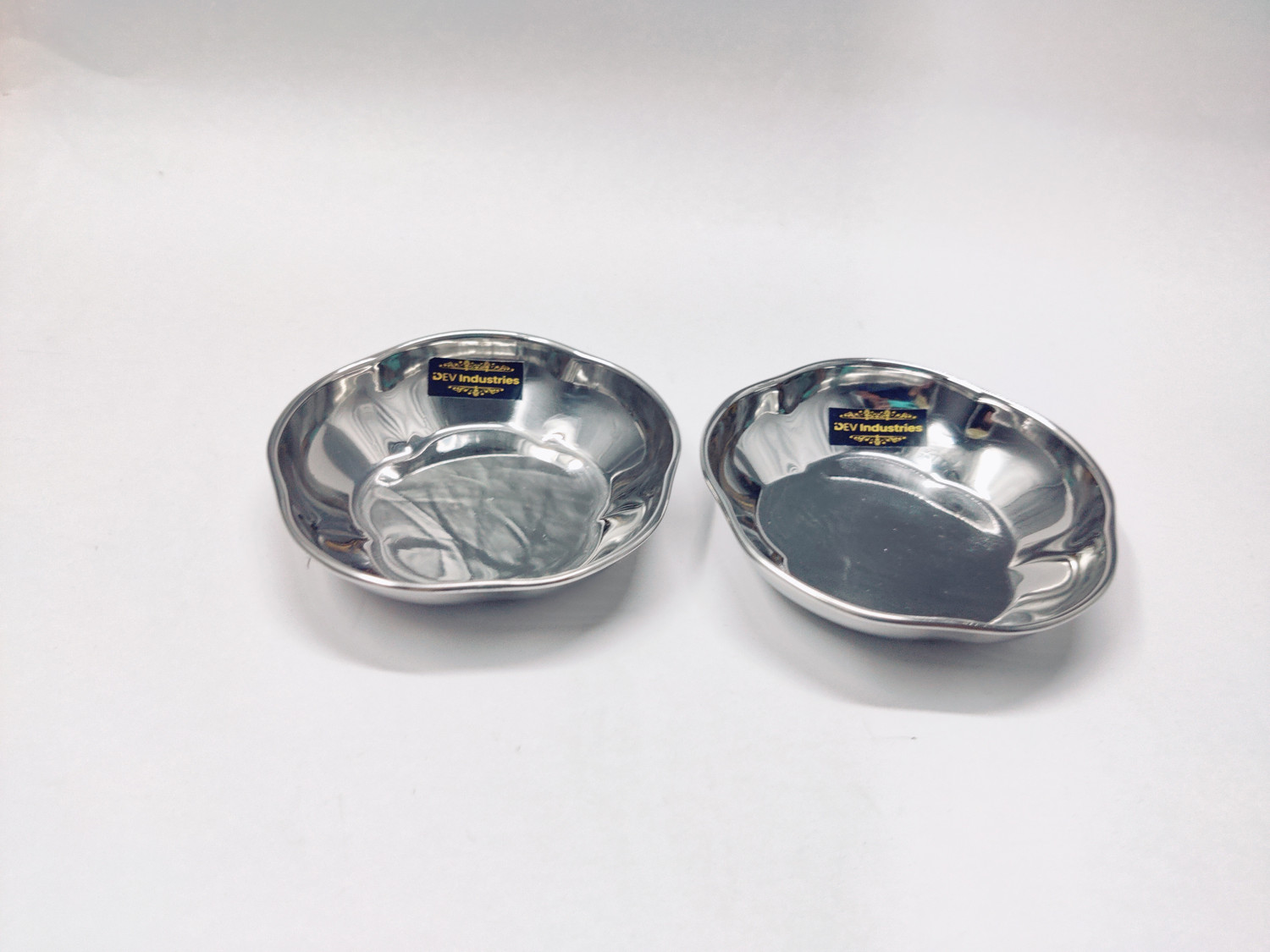 Image of Dev Industries Pack of 3 Stainless Steel Stainless Steel Mirror Finish Flower Shape Halwa Plate 12cm- 120ml Each Dinner Set