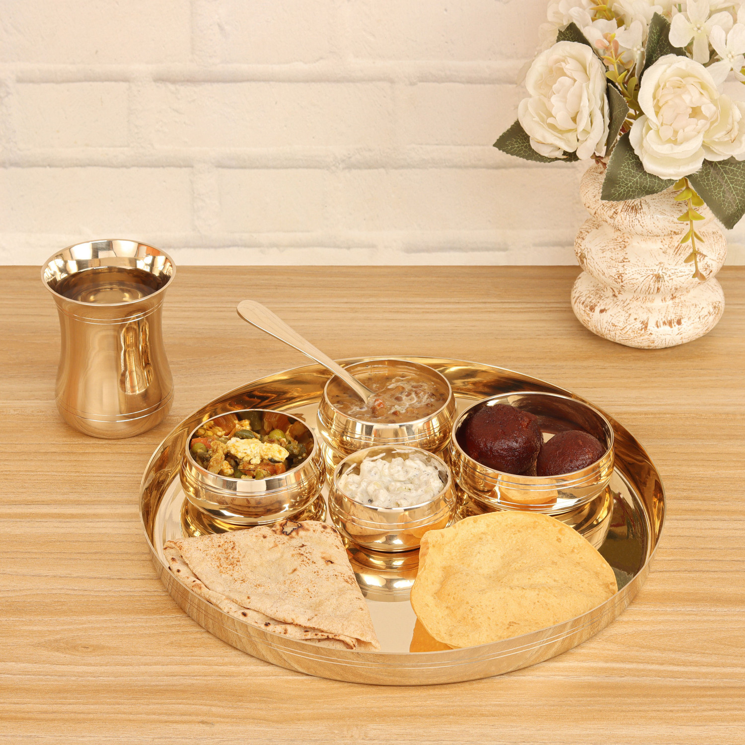 Image of The Healing Store Pack of 7 Bronze Pack of 7 Bronze 100% Pure Kansa Bronze Dinner set / Thali Set -Glossy Finish Dinner Set