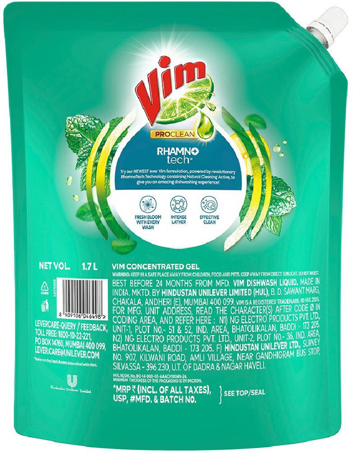 Image of Vim Dishwash Anti Smell Liquid Dish Cleaning Gel (Pudina, 1.7 L)