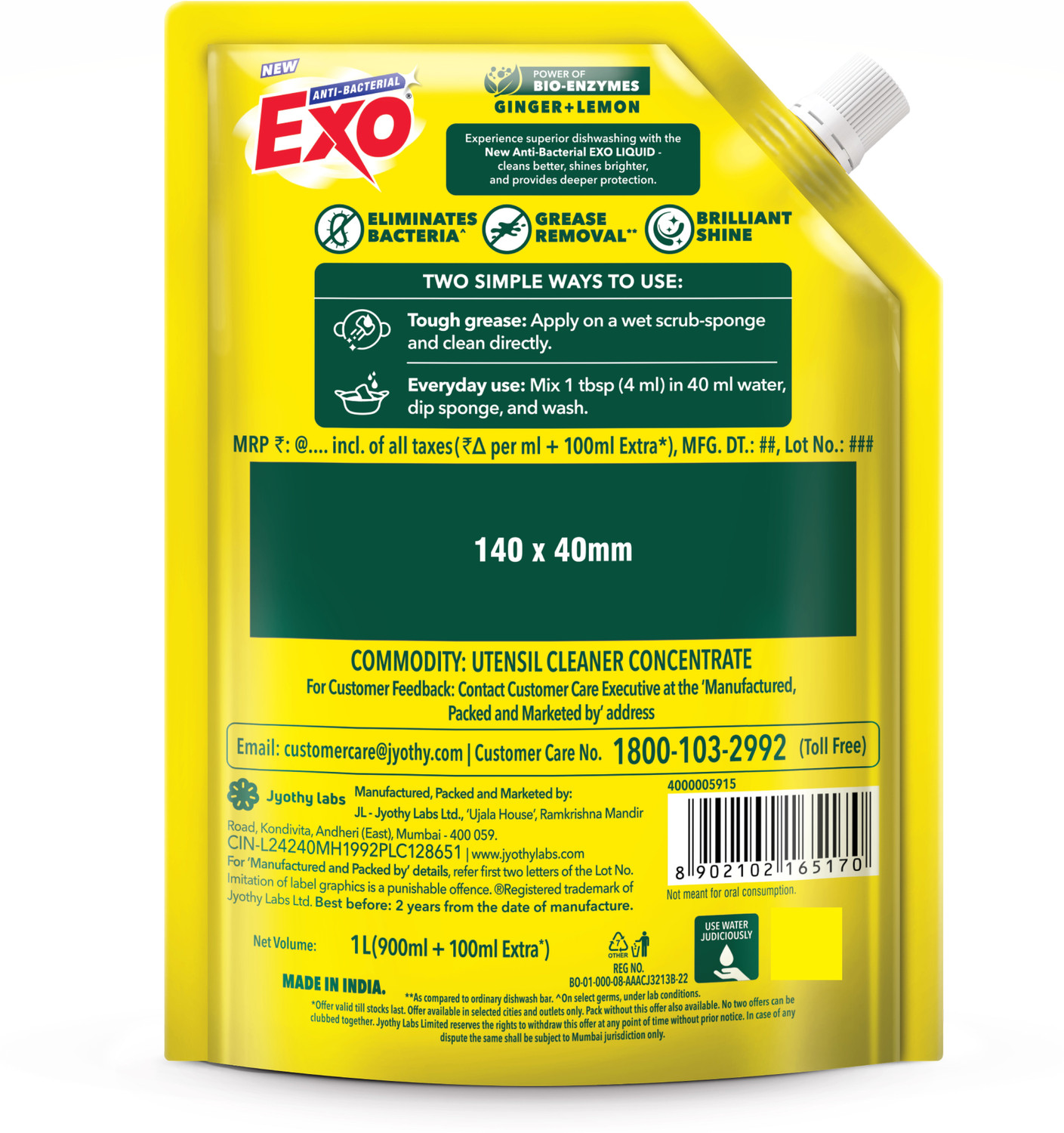 Image of Exo Power of Bio-Enzymes (900ml + 100ml Extra) Refill Pouch Dish Cleaning Gel