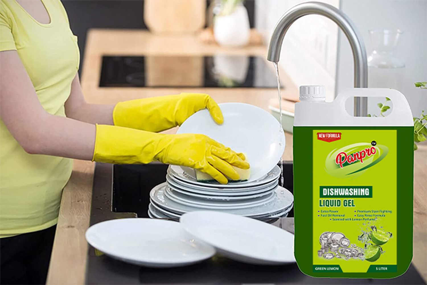 Image of PanPro Dishwash Liquid with (Green Lemon for oil & washes off Kitchen Utensil Cleaner Dish Cleaning Gel