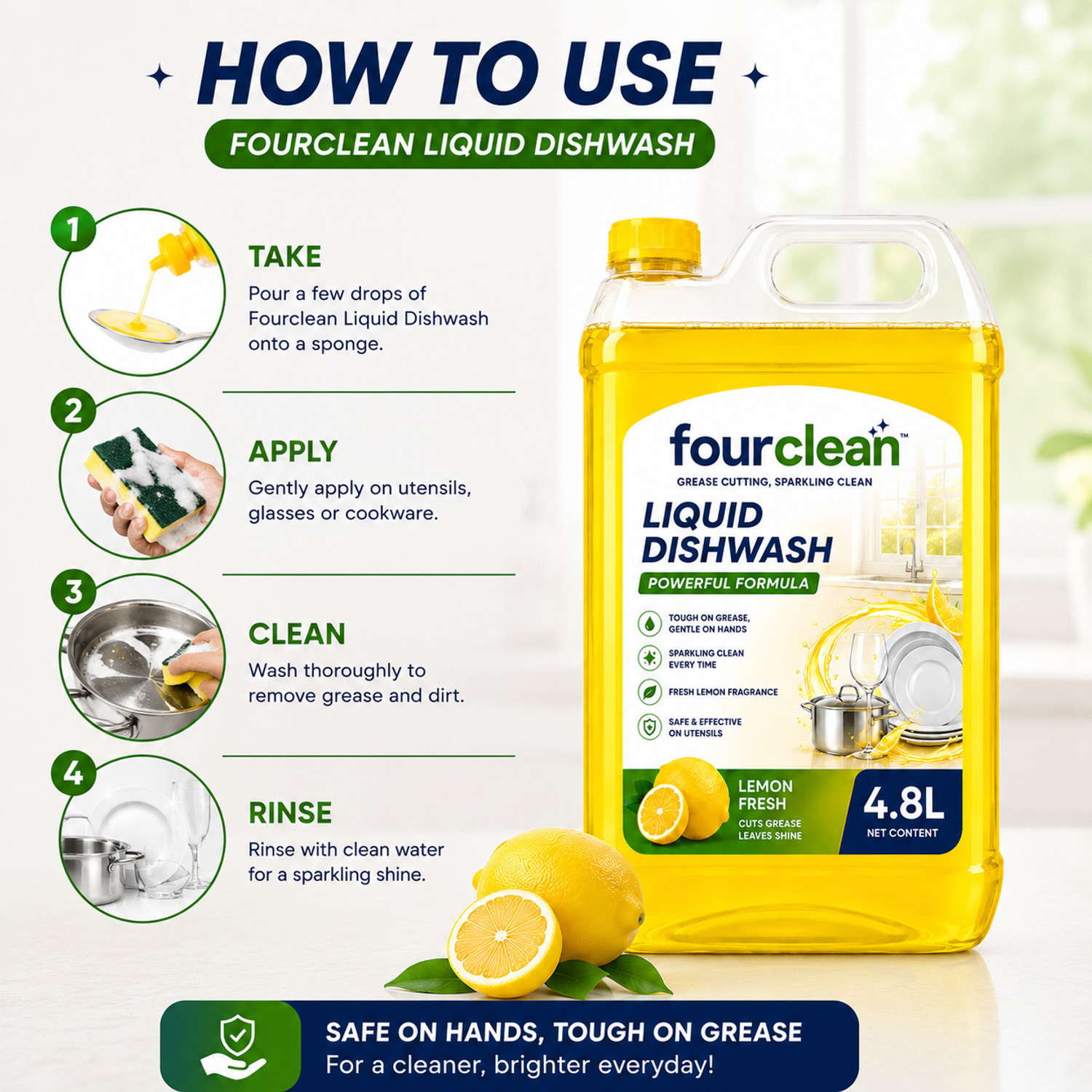 Image of Fourclean Dishwash Liquid Lemon Powerful Grease Remover Kitchen Cleaner Dish Cleaning Gel