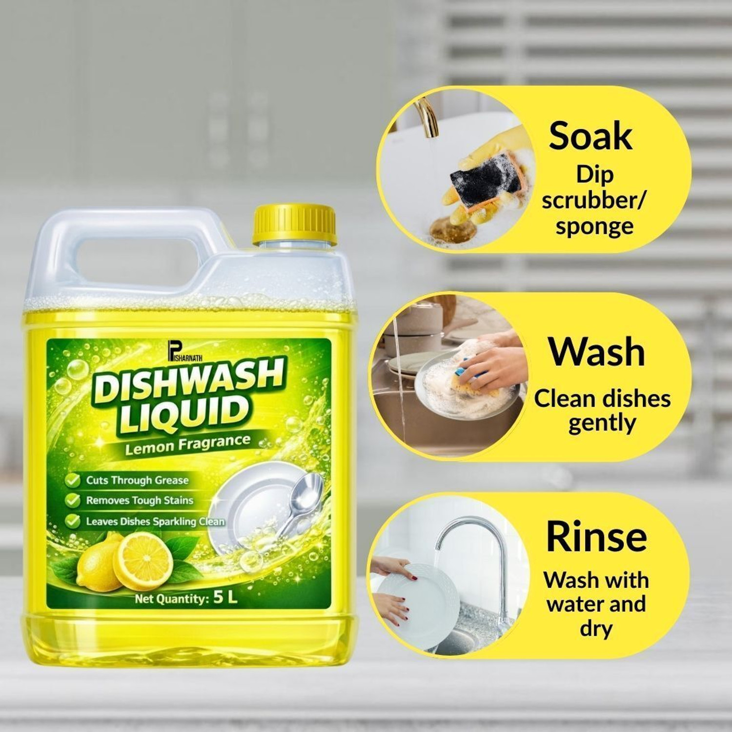 Image of Pishanath Dishwash Liquid 5Liter Lemon Fragrance Strong Grease Remover Dish Cleaner. Dish Cleaning Gel