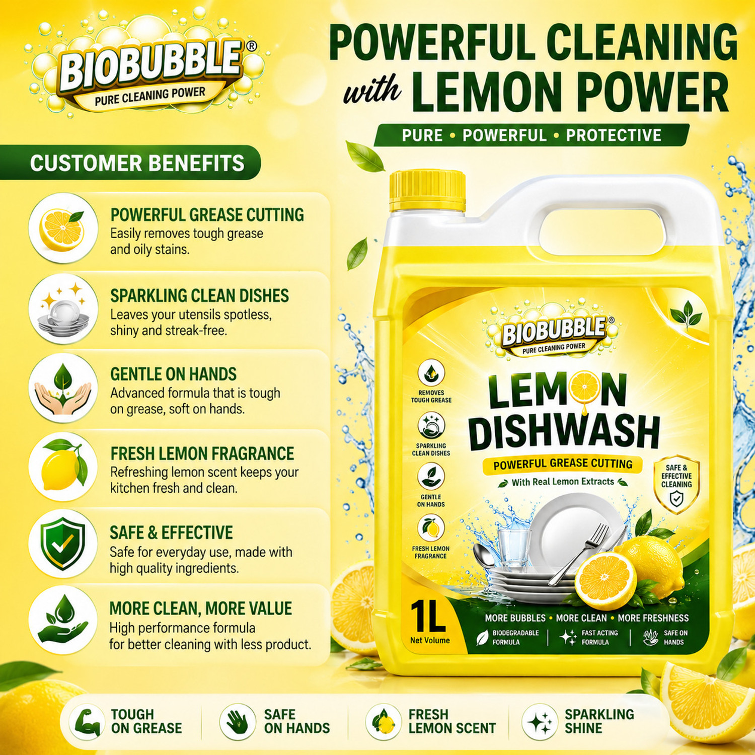 Image of BioBubble Lemon Dishwash Liquid offers powerful grease-cutting cleaning Dish Cleaning Gel