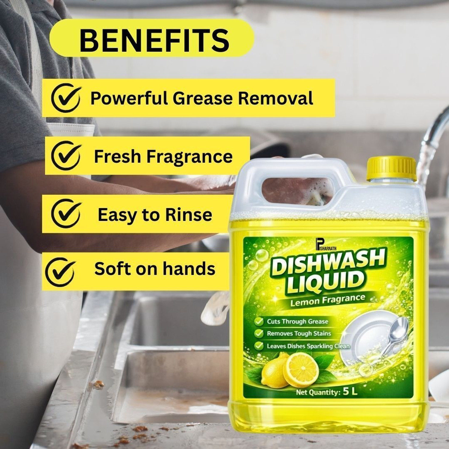 Image of Pishanath Dishwash Liquid 5Liter Lemon Fragrance Strong Grease Remover Dish Cleaner. Dish Cleaning Gel