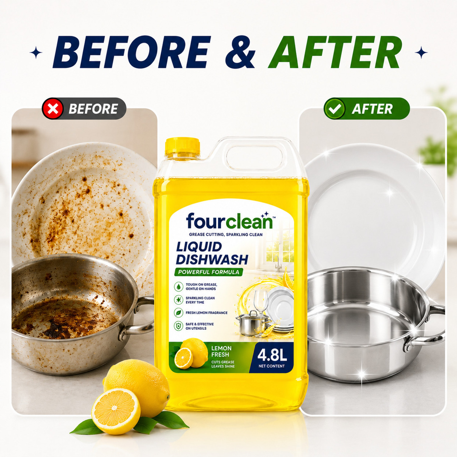 Image of Fourclean Dishwash Liquid Lemon Powerful Grease Remover Kitchen Cleaner Dish Cleaning Gel