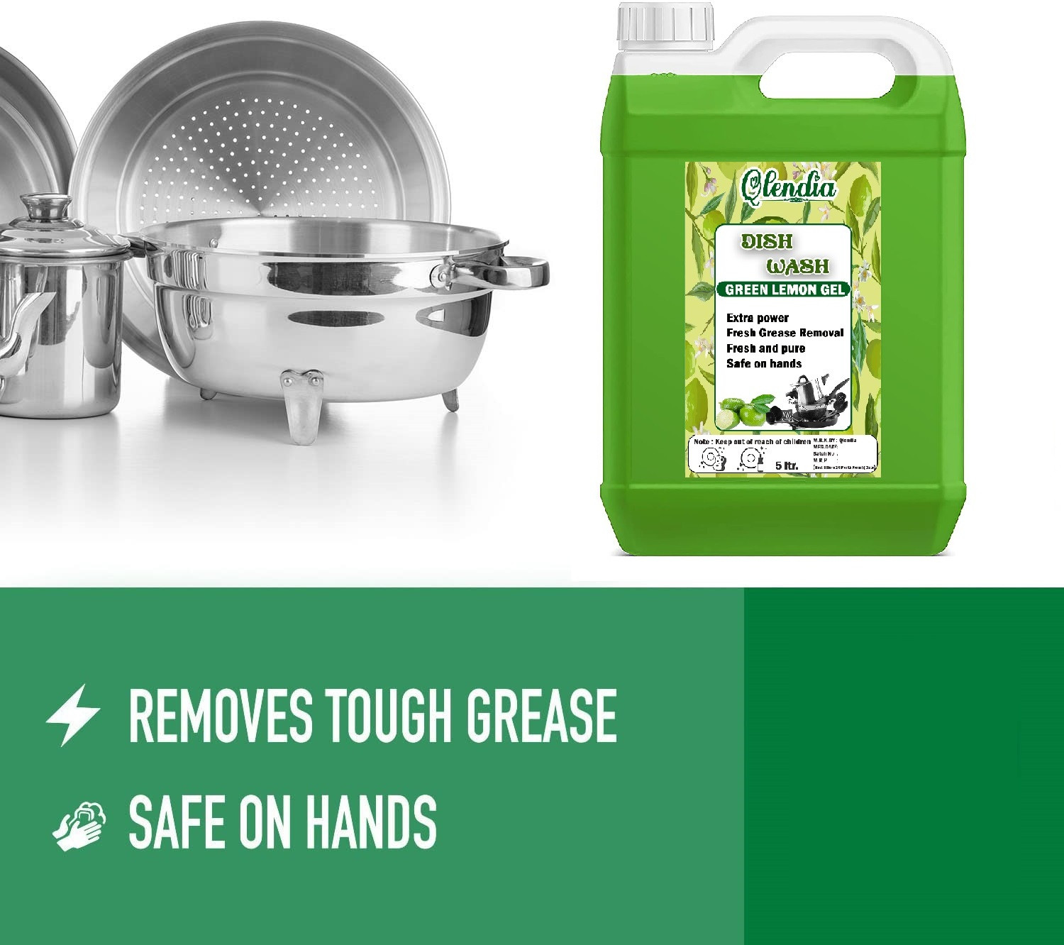 Image of Qlendia Green Dishwash has the power of Green lemon,which helps clean dishes easily. Dish Cleaning Gel