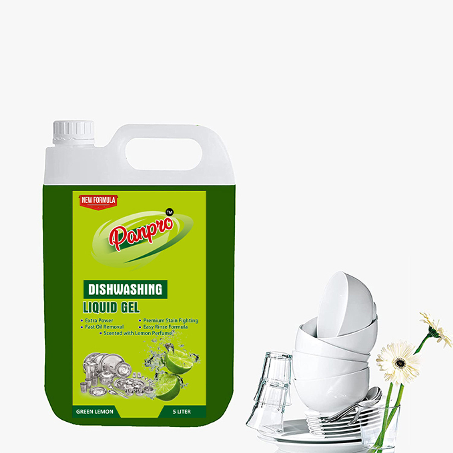 Image of PanPro Dishwash Liquid with (Green Lemon for oil & washes off Kitchen Utensil Cleaner Dish Cleaning Gel