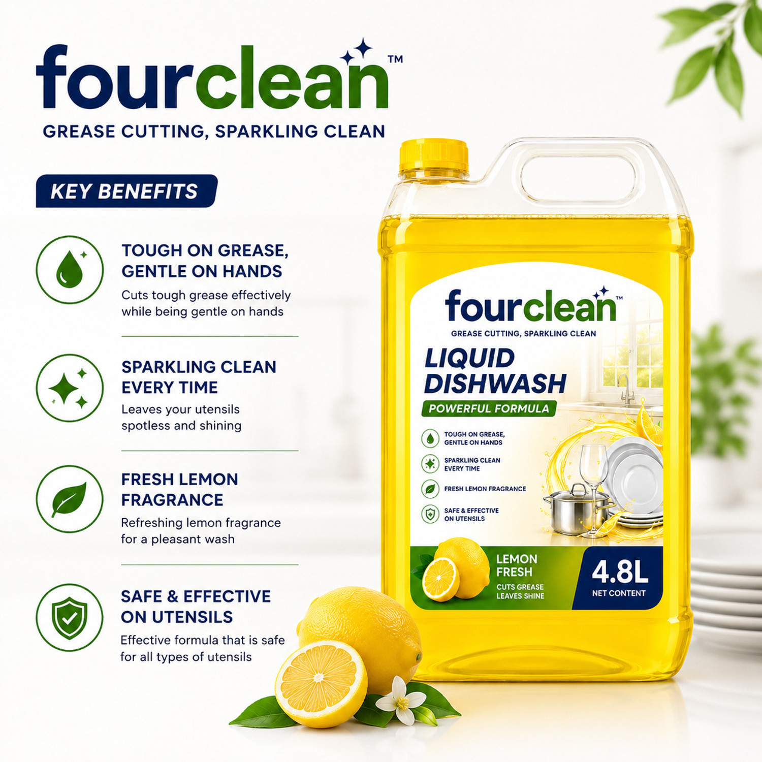 Image of Fourclean Dishwash Liquid Lemon Powerful Grease Remover Kitchen Cleaner Dish Cleaning Gel
