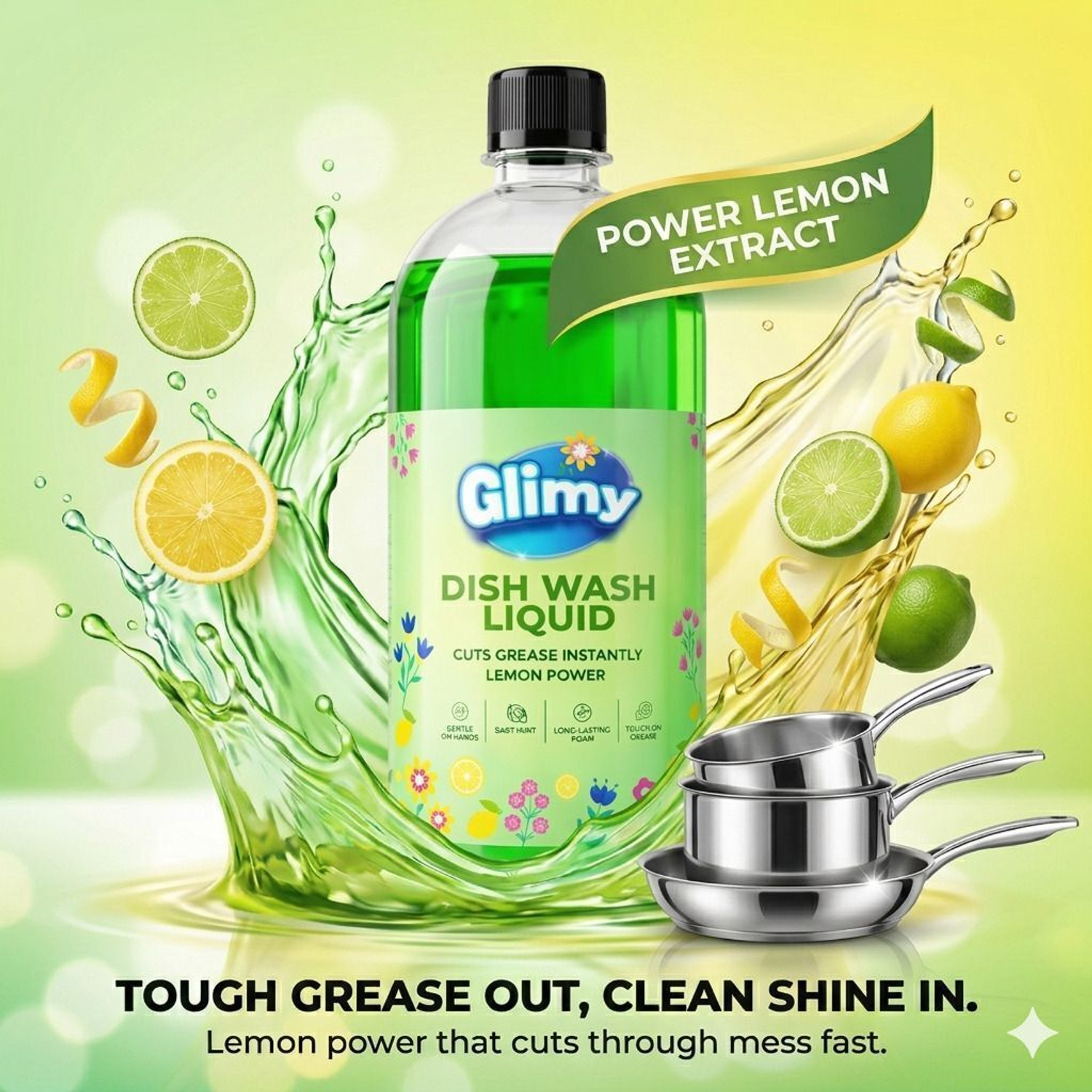 Image of GLIMY Dishwash Liquid | Powerful Grease Remover | Thick High-Foam Formula Dish Cleaning Gel