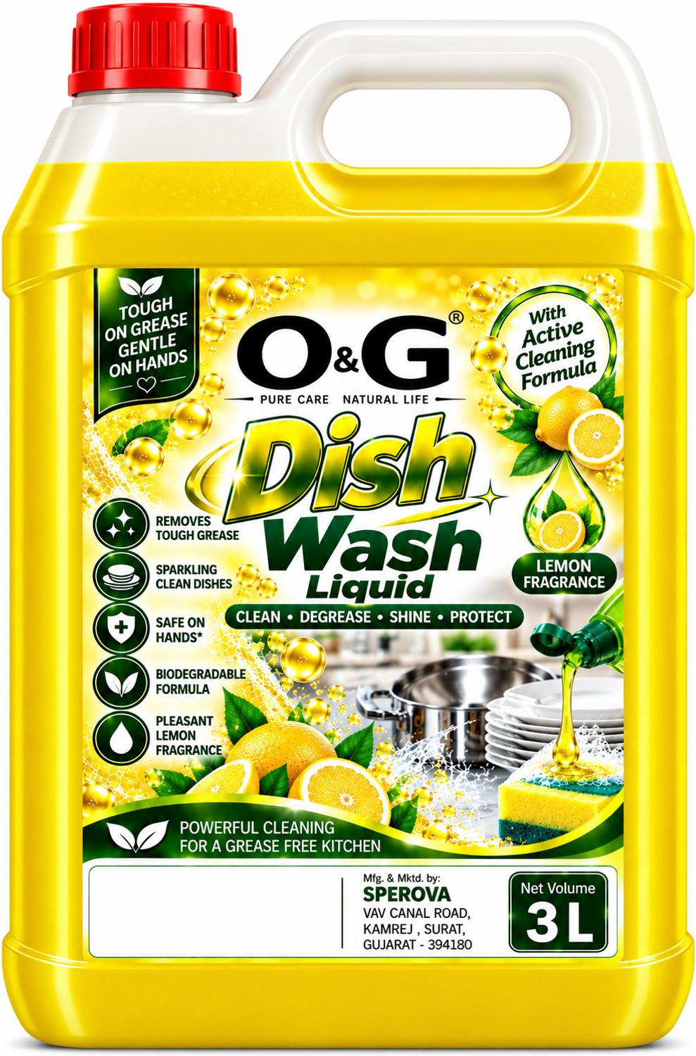 Image of O&G Dishwashing Liquid for Kitchen Utensils, Tough Grease Remover, Fresh Lemon Clean Dish Cleaning Gel (Lemon, 3 L)