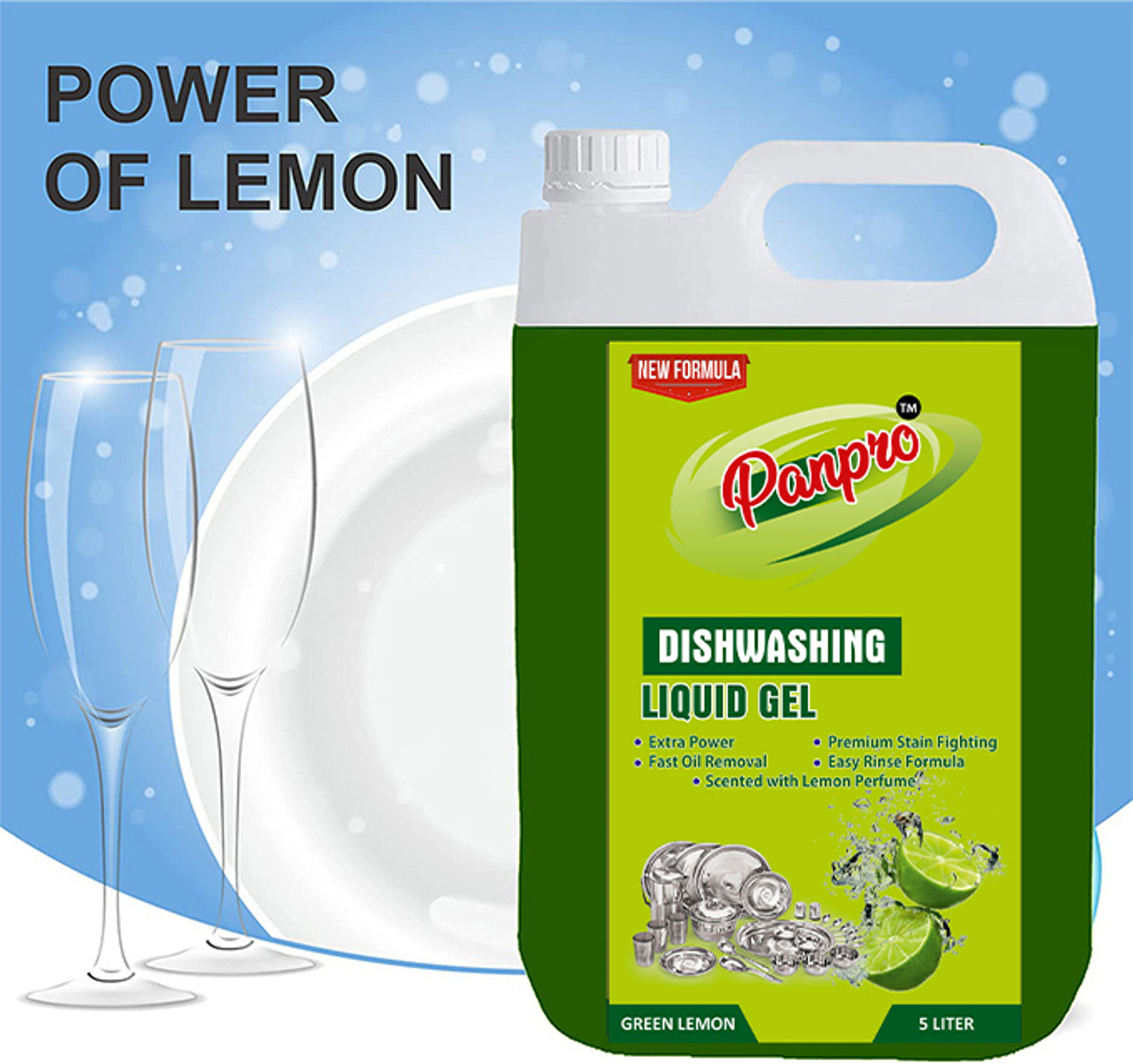 Image of PanPro Dishwash Liquid with (Green Lemon for oil & washes off Kitchen Utensil Cleaner Dish Cleaning Gel