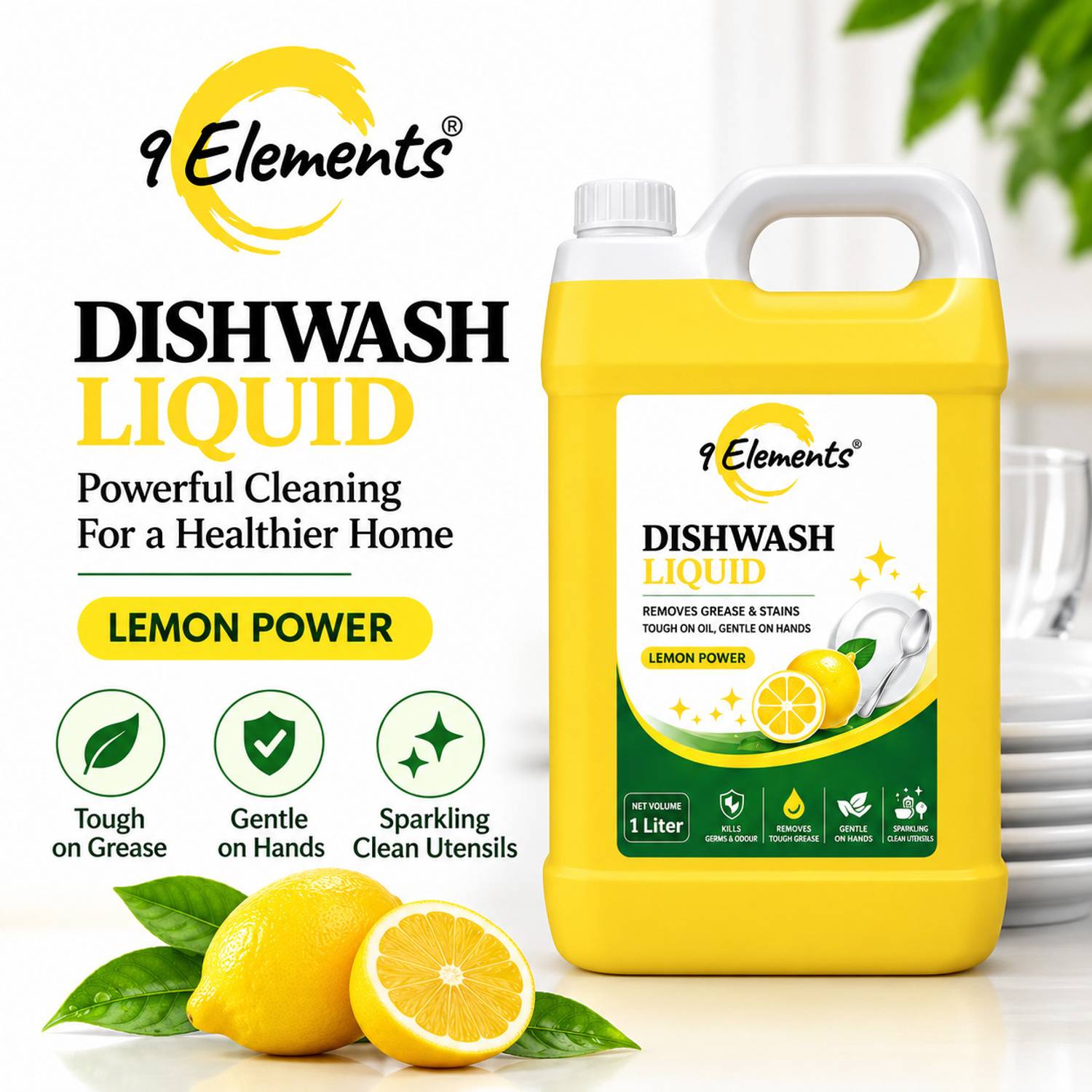 9elements Lemon Dishwash Gel | Removes Oil, Grease & Stains Instantly Dish Cleaning Gel