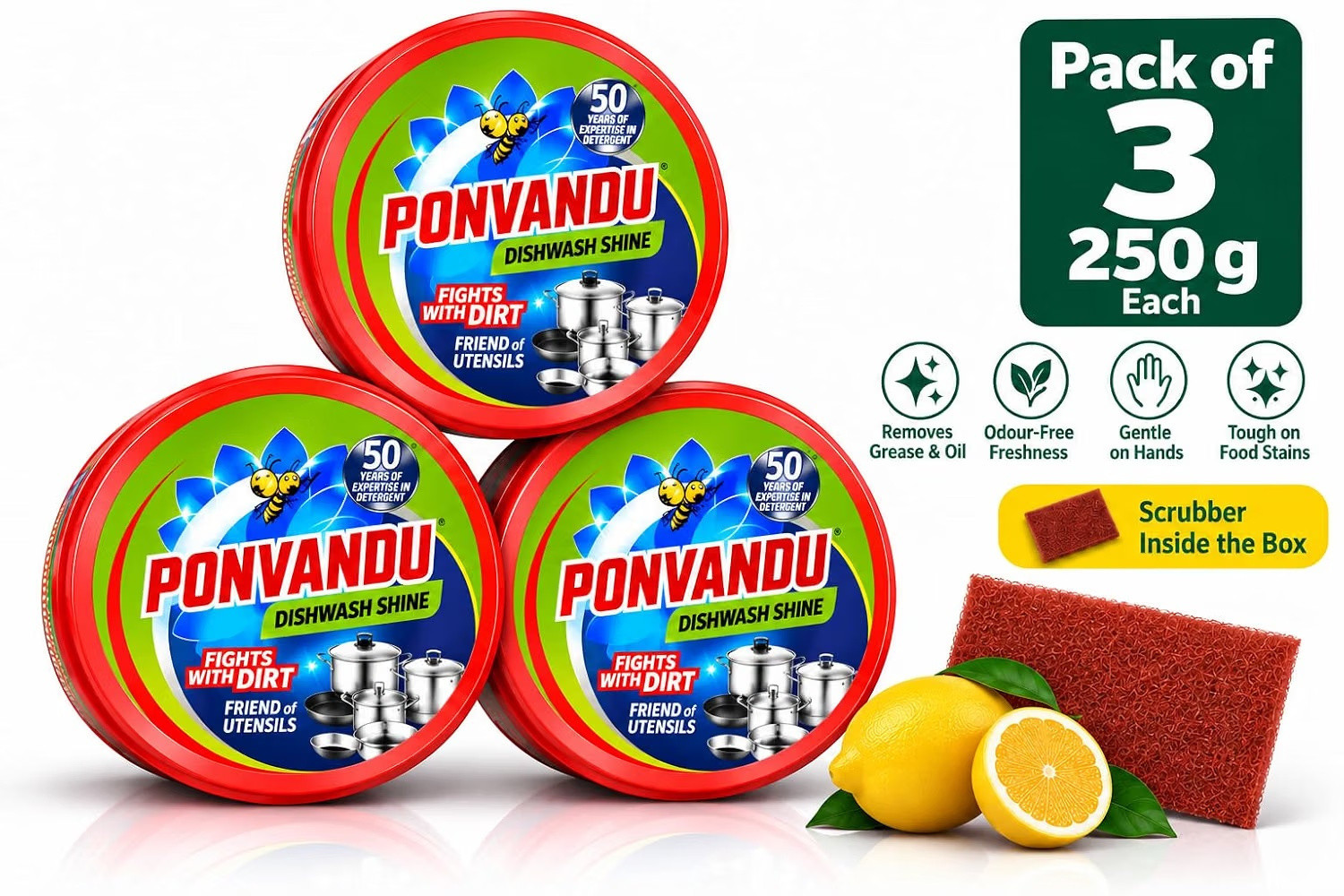 Image of Ponvandu Dishwash Bar 250g Pack of 3 Lemon Tub Removes Stain From Utensils Free Scrubber Dishwash Bar