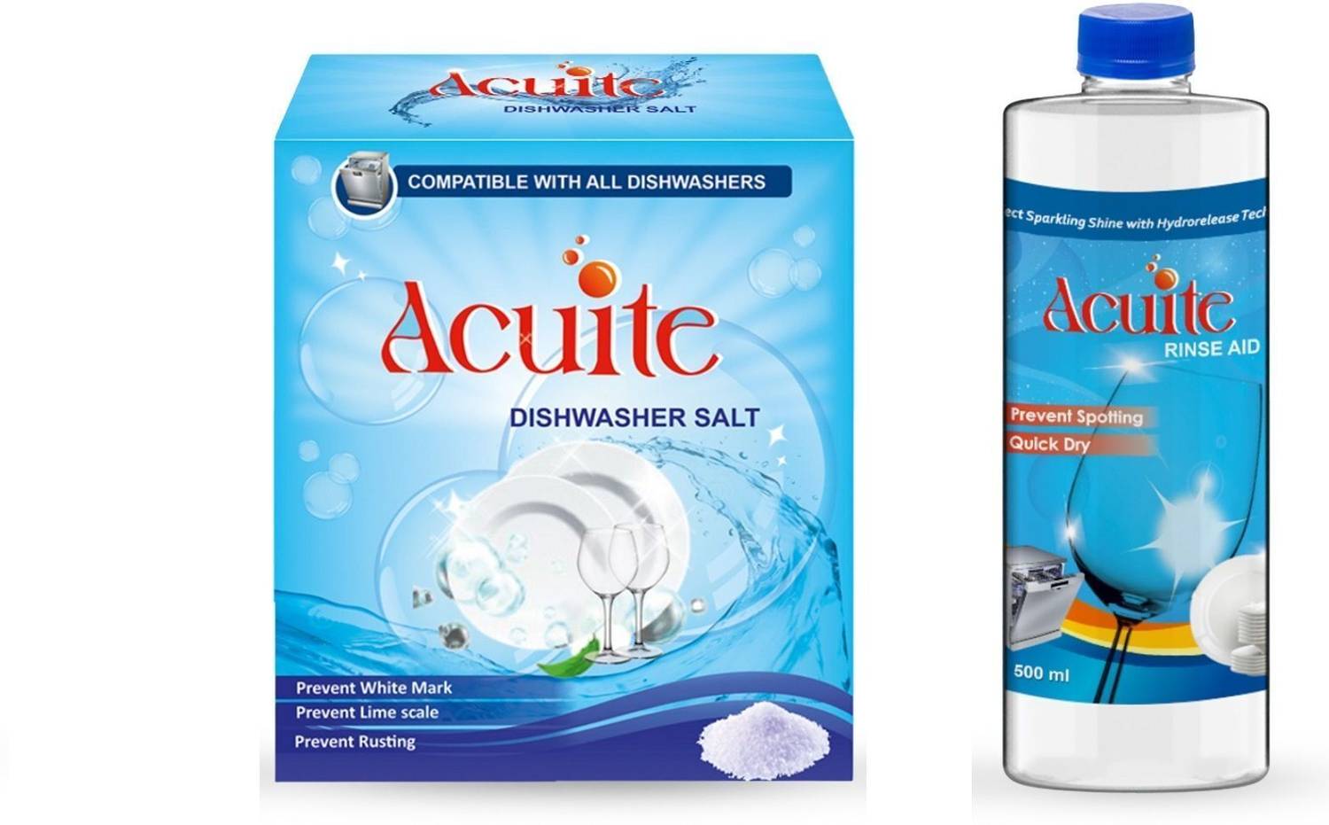 Acuite Dishwasher Salt 1Kg & Dishwasher Rinse Aid Liquid 500ml | Pack of 2 Dishwashing Detergent