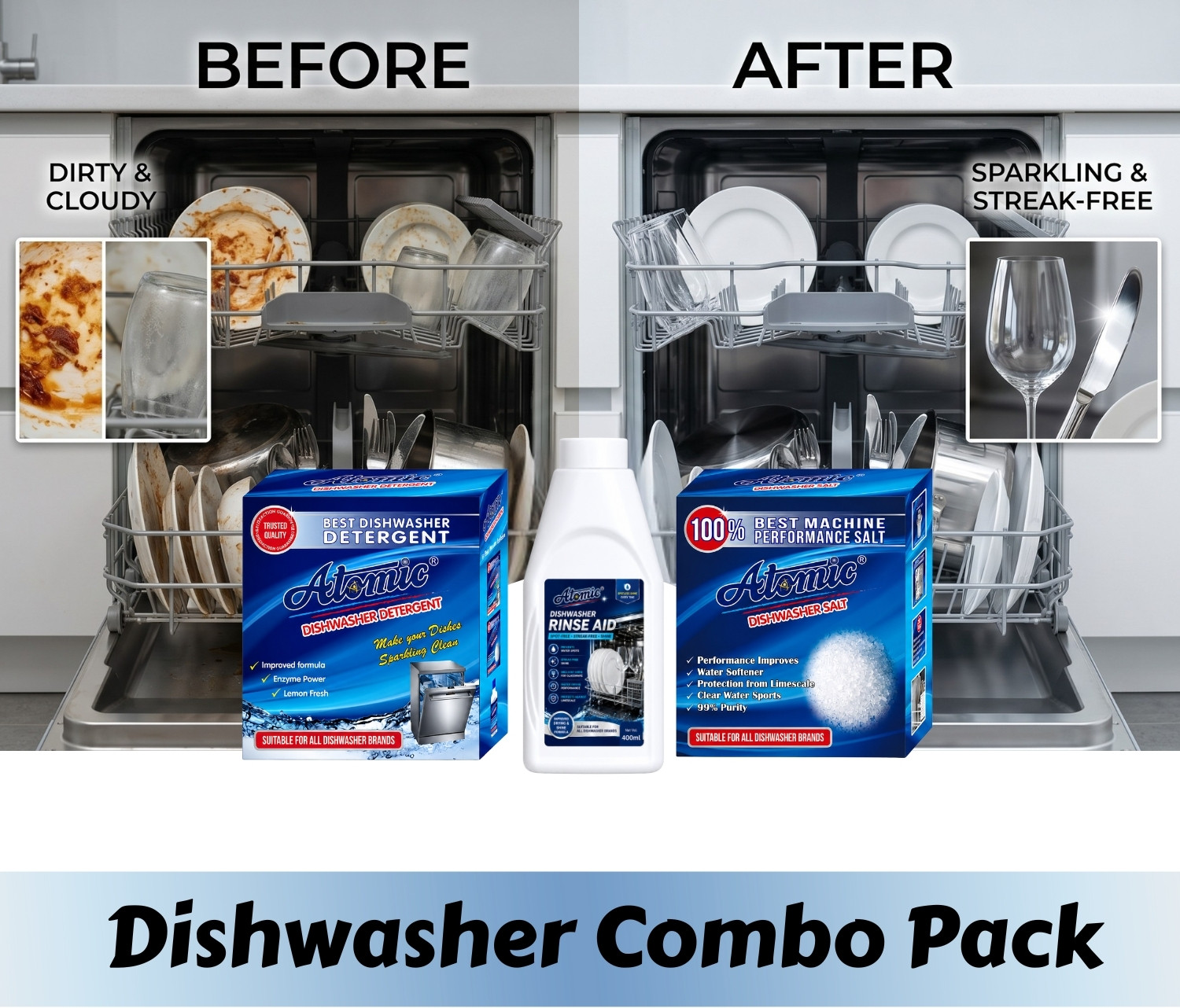 Image of ATOMIC Dishwasher Combo Pack (Detergent, Salt and Rinse Aid) Dishwashing Detergent