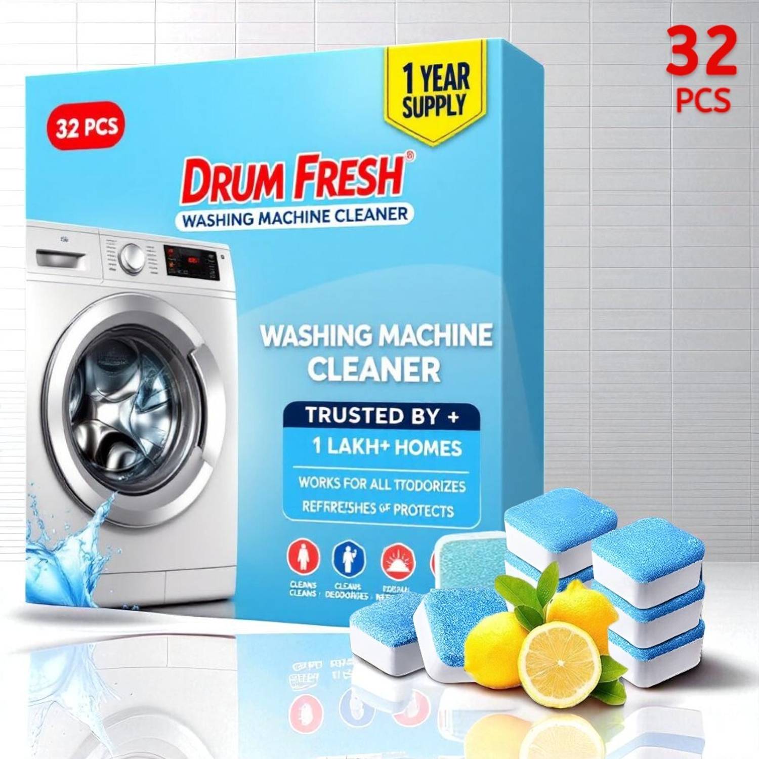 DrumFresh 32 Pcs Ultimate Washing Machine Cleaning Tablets Fron
