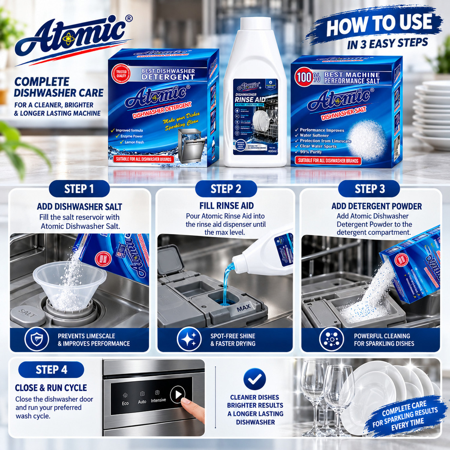 Image of ATOMIC Combo Pack OF 6 - Dishwasher Detergent Powder 900GM, Salt 900GM, Rinse Aid 400ml Dishwashing Detergent (4.94 kg)