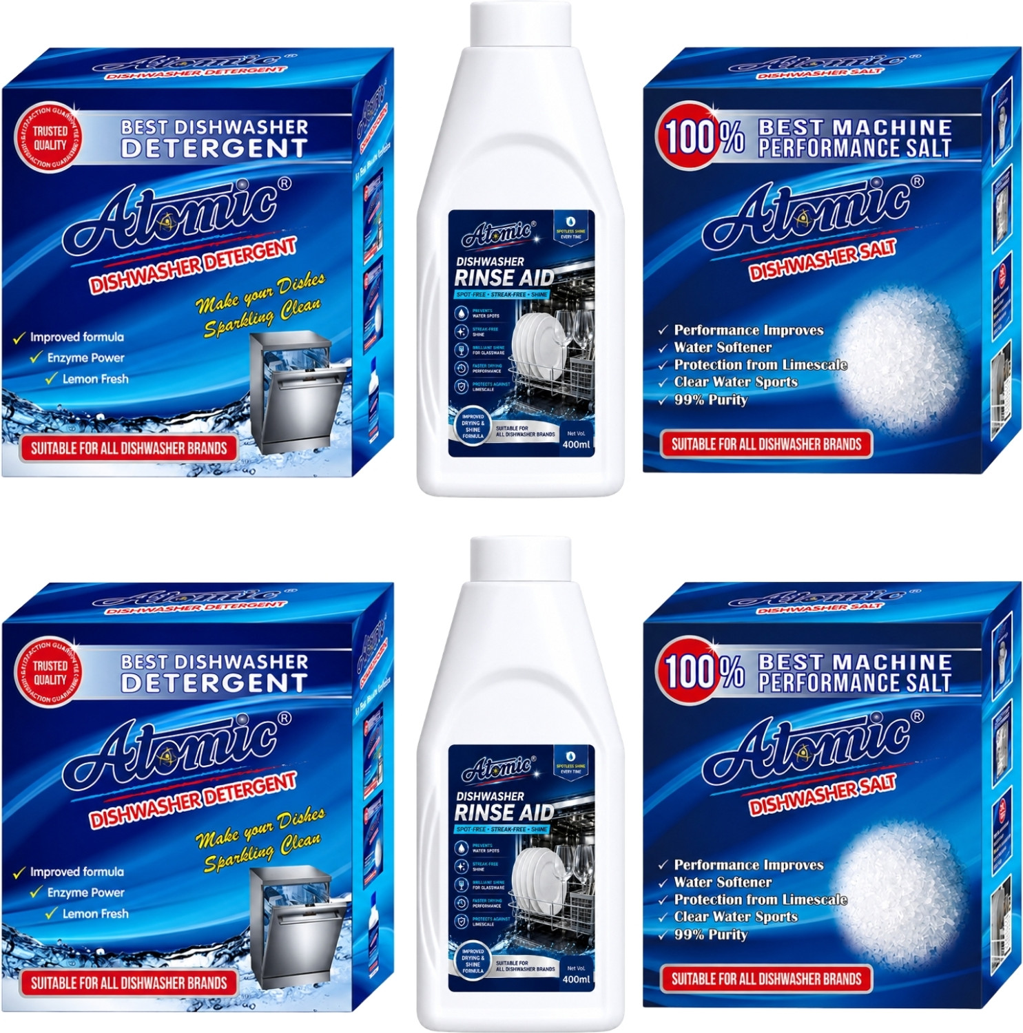 Image of ATOMIC Combo Pack OF 6 - Dishwasher Detergent Powder 900GM, Salt 900GM, Rinse Aid 400ml Dishwashing Detergent (4.94 kg)