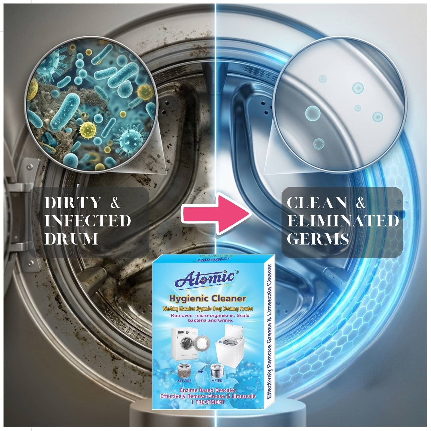 ATOMIC Washing Machine Drum Cleaner Powder 150g | For Front Load & Top Load Dishwashing Detergent