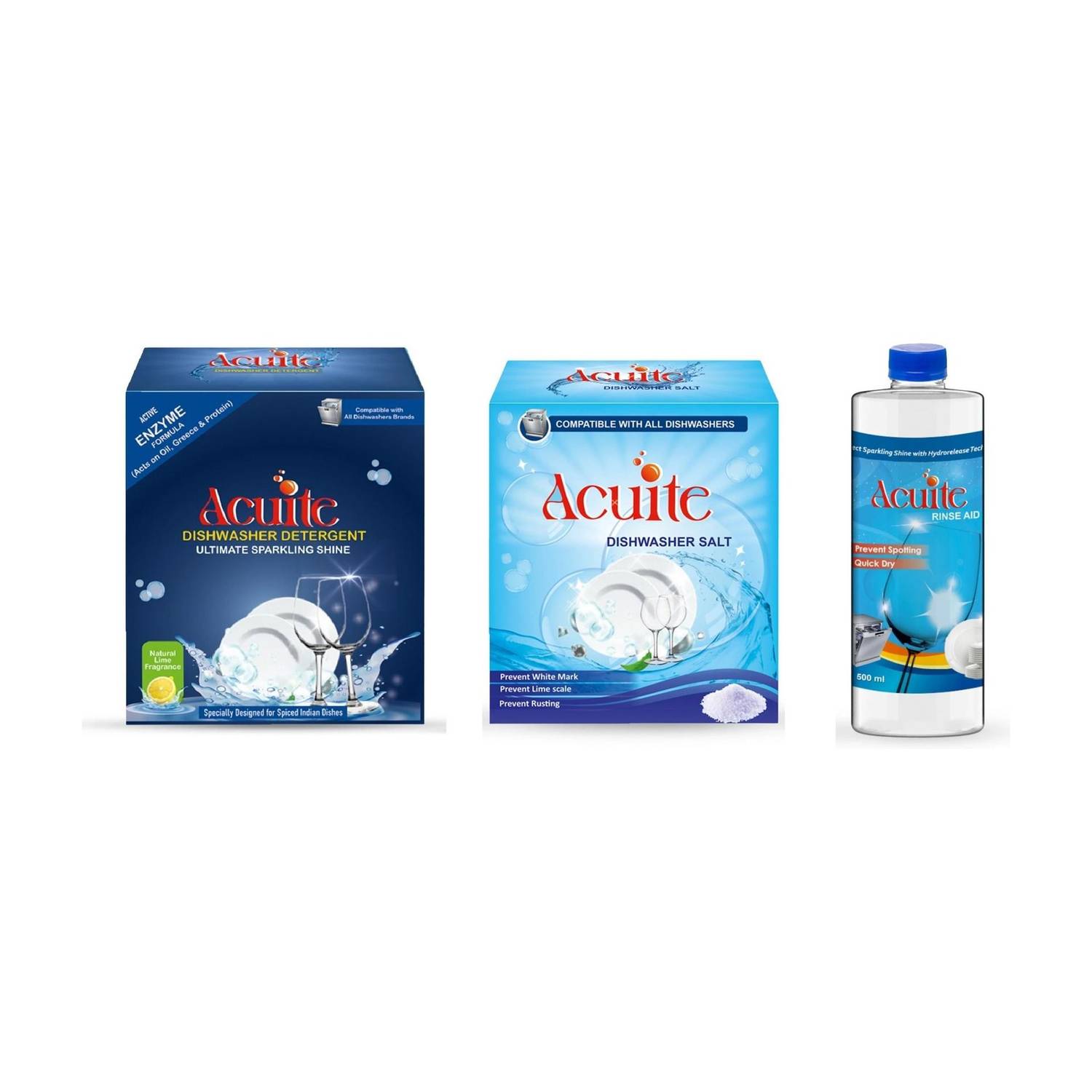 Acuite Dishwasher Detergent 1Kg + Dishwasher Salt 1Kg + Rinse Aid 500ml |All in one Dishwashing Detergent