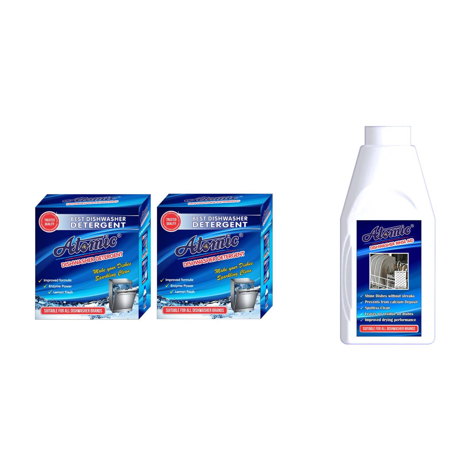 ATOMIC Dishwasher Detergent Powder 1.8Kg (Pack of 2, 900gm Each) & Rinse Aid - 400 ml Dishwashing Detergent