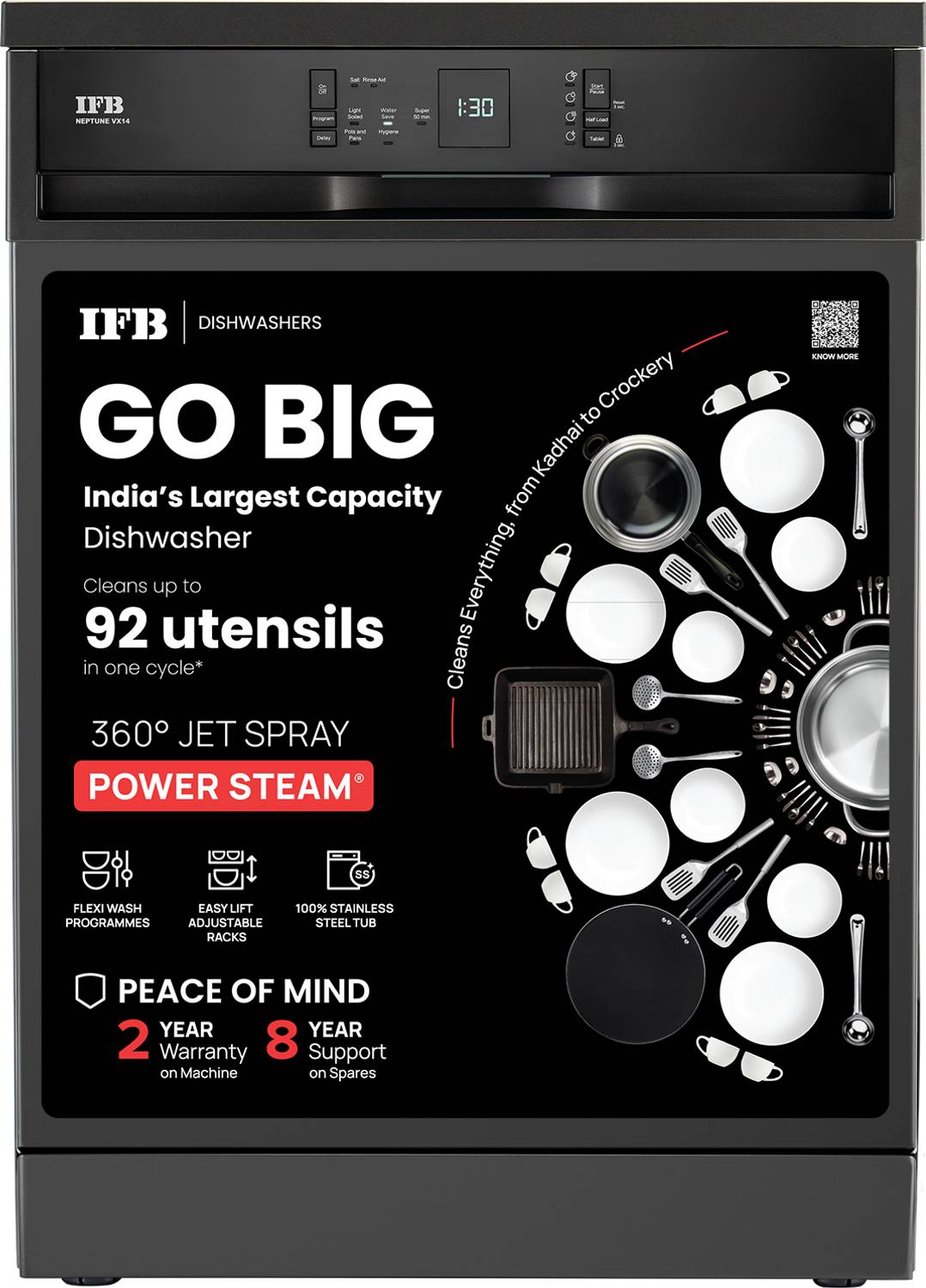 IFB Neptune VX14 Free Standing 14 Place Settings Cleans Kadhai to Crockery with 70 Degree Hot Water Wash, 360 Degree Spray Arm, Hygienic Steam Drying, DeepClean Powered by Ai Dishwasher