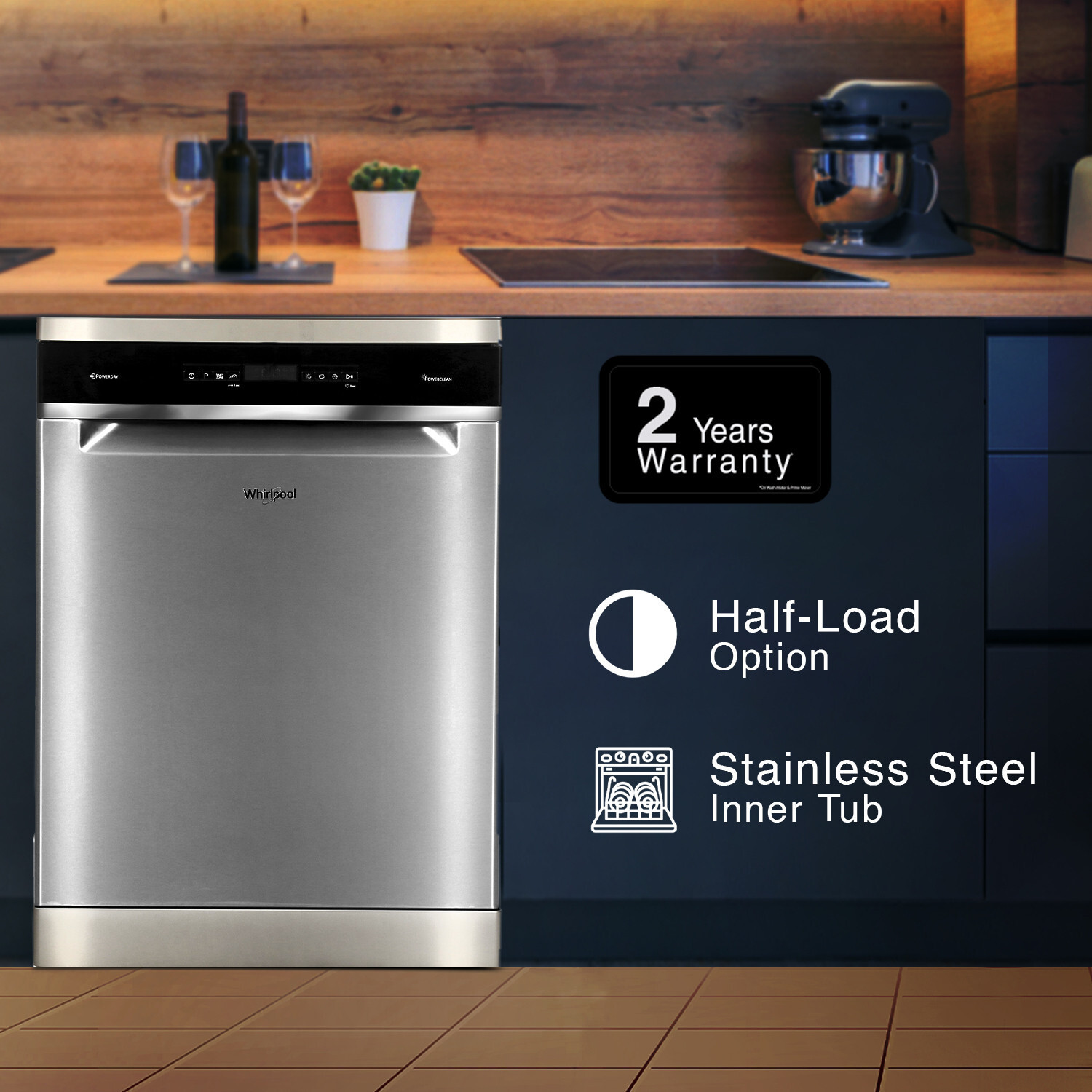 Image of Whirlpool WFO 3O33 PL N X IN Free Standing 14 Place Settings PowerClean Pro Technology, Inox, 30% extra space, 11 wash Programs, Clean and Dry Dishwasher