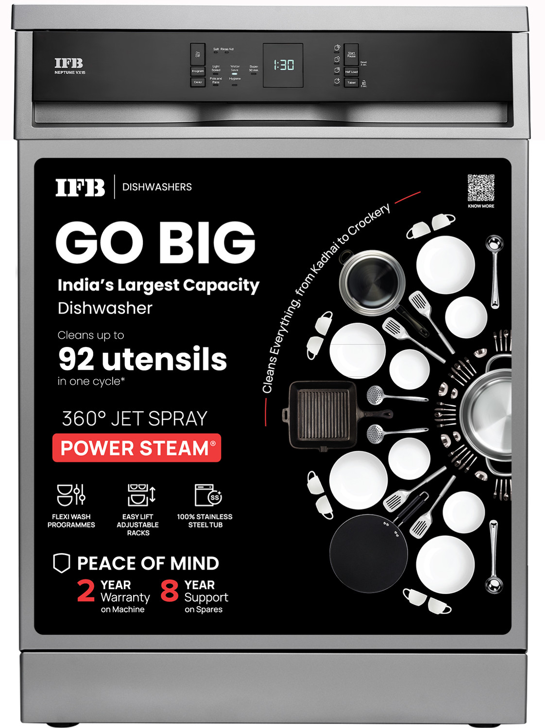 Image of IFB Neptune VX15 Free Standing 15 Place Settings with 70 Degree Hot Water Wash, 360 Degree Spray Arm, Hygienic Steam Drying Dishwasher