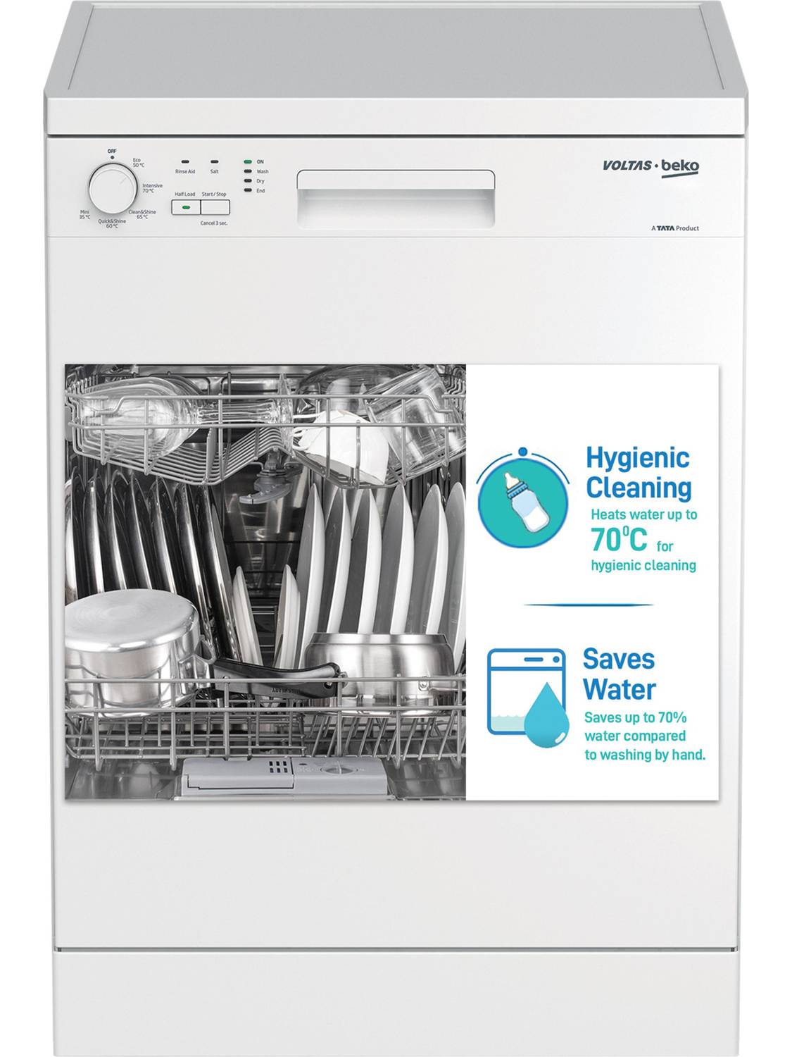 Voltas Beko by A TATA Product DF14W Free Standing 14 Place Settings Intensive Kadhai Cleaning| No Pre-rinse Required Dishwasher