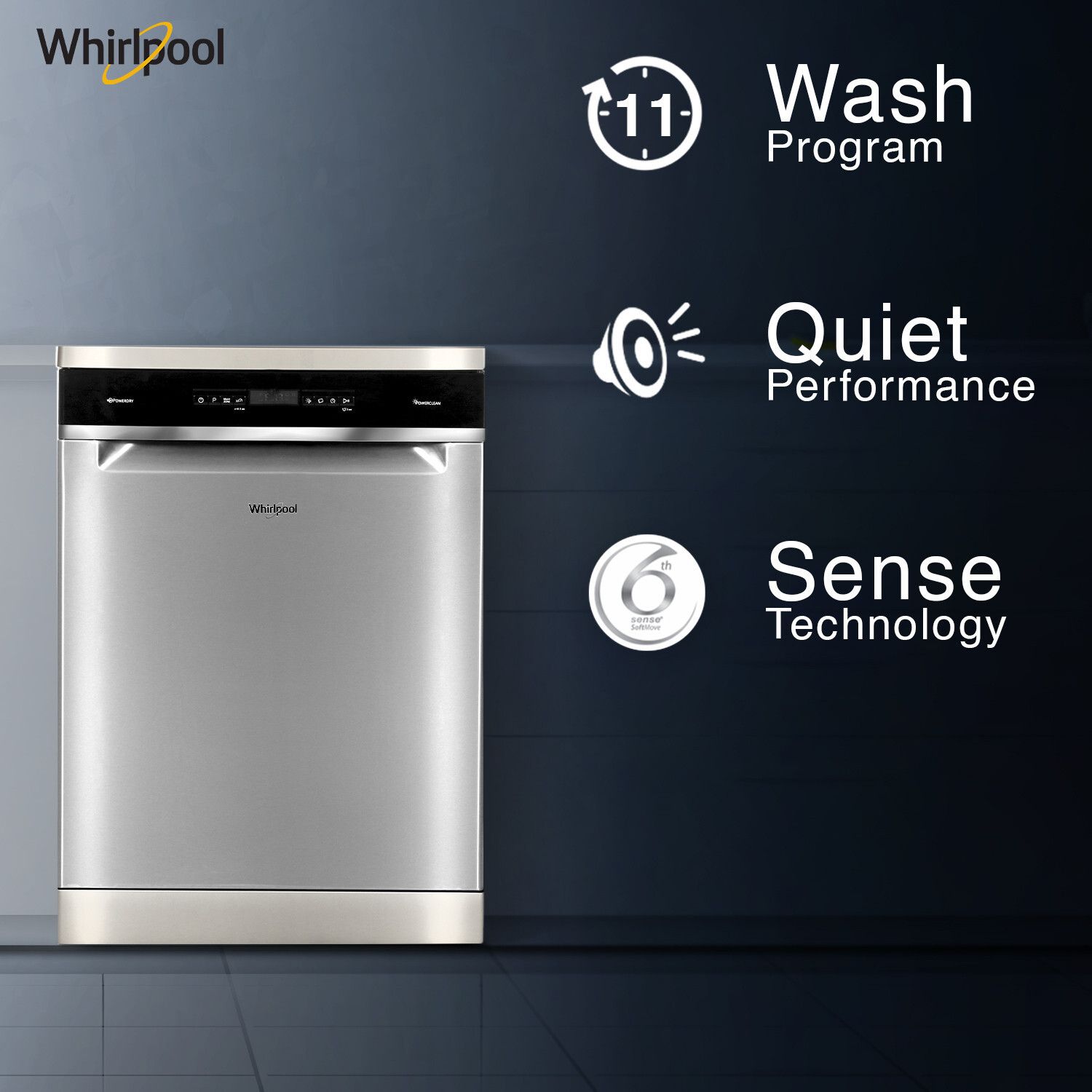 Image of Whirlpool WFO 3O33 PL N X IN Free Standing 14 Place Settings PowerClean Pro Technology, Inox, 30% extra space, 11 wash Programs, Clean and Dry Dishwasher