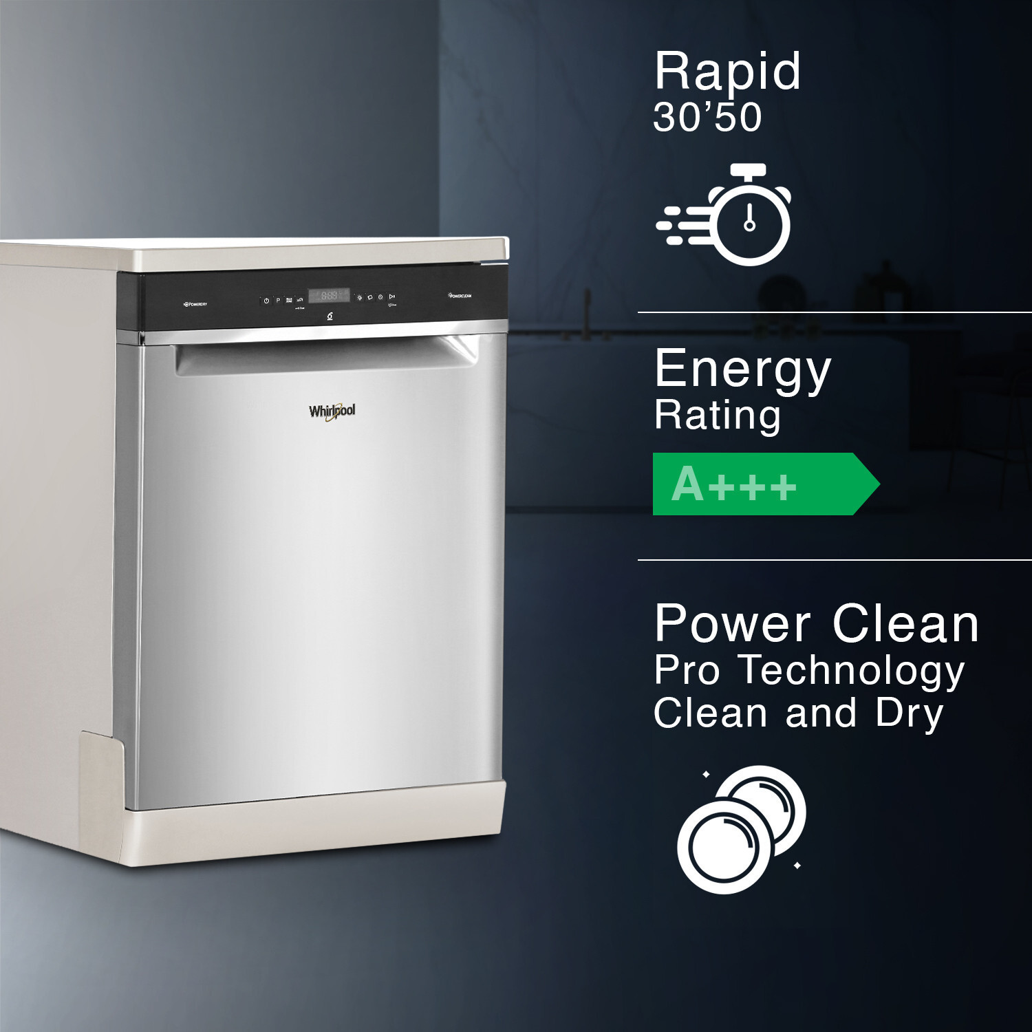 Image of Whirlpool WFO 3O33 PL N X IN Free Standing 14 Place Settings PowerClean Pro Technology, Inox, 30% extra space, 11 wash Programs, Clean and Dry Dishwasher
