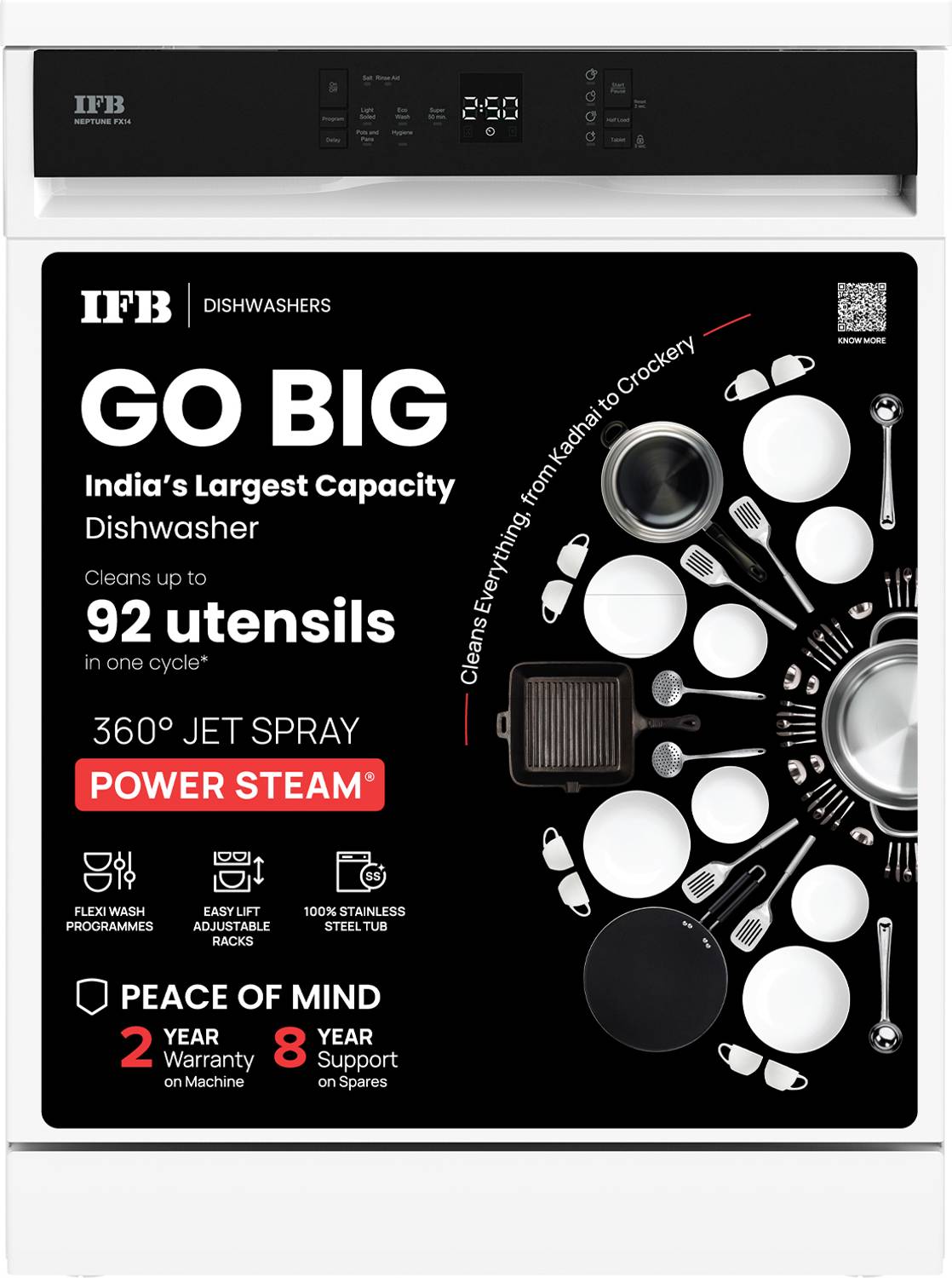 IFB Neptune FX14 Free Standing 14 Place Settings Cleans Kadhai to Crockery with 70 Degree Hot Water Wash, 360 Degree Spray Arm, Hygienic Steam Drying, DeepClean Powered by Ai Dishwasher