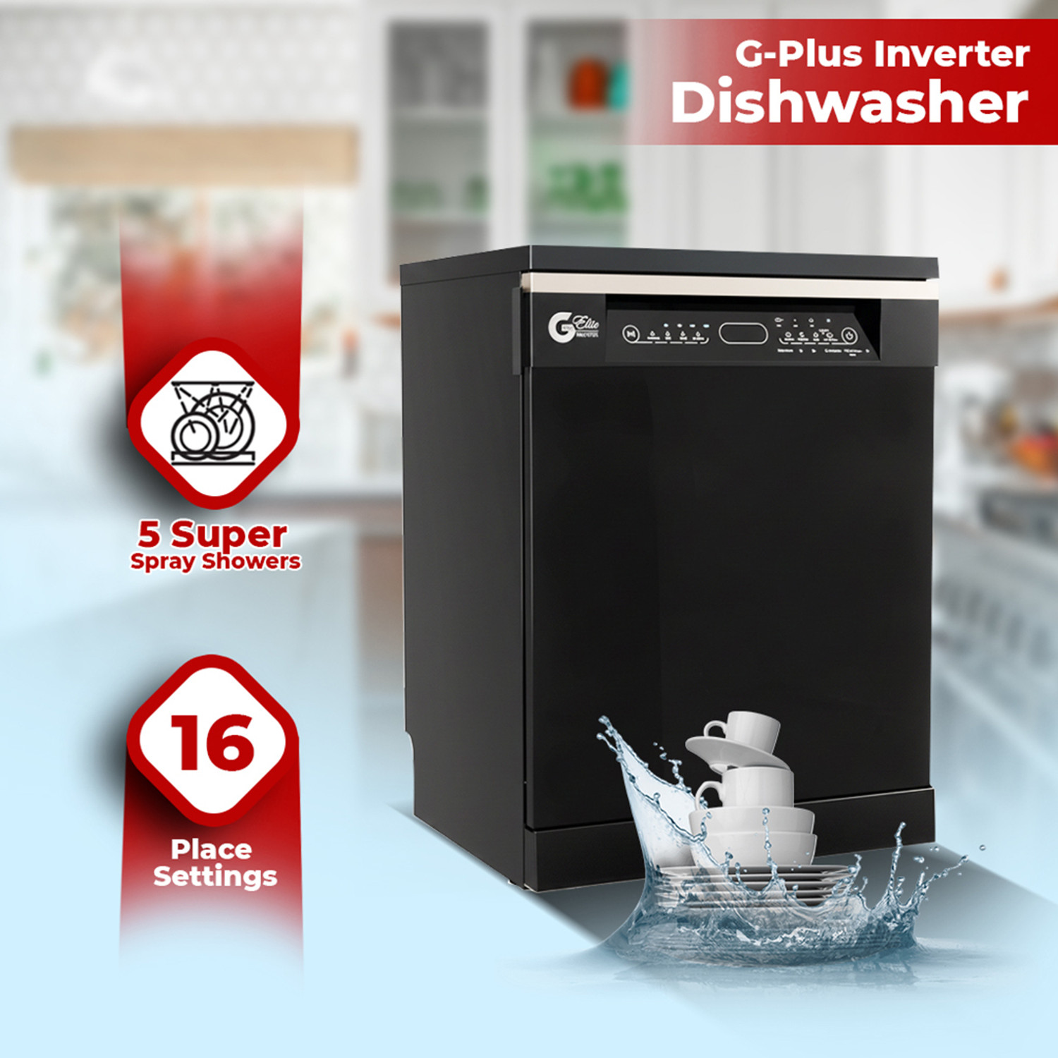 Image of gplus 16 Place Settings | AI Wash with Intelligent Sensor | 360 5 Jet Spray Arms Free Standing 16 Place Settings Dishwasher