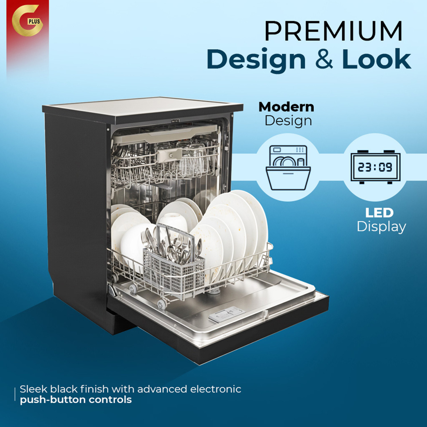 Image of gplus 16 Place Settings | AI Wash with Intelligent Sensor | 360 5 Jet Spray Arms Free Standing 16 Place Settings Dishwasher