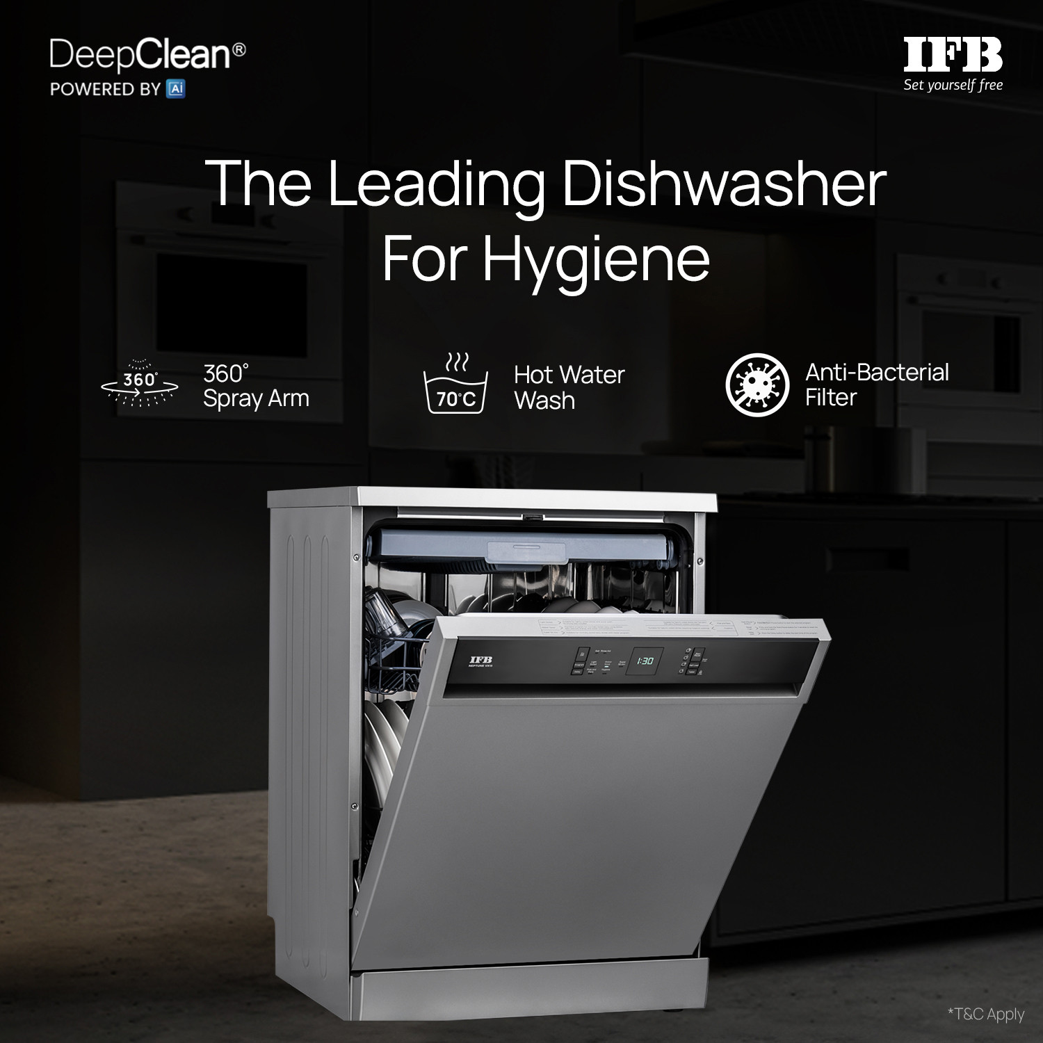 Image of IFB Neptune VX15 Free Standing 15 Place Settings with 70 Degree Hot Water Wash, 360 Degree Spray Arm, Hygienic Steam Drying Dishwasher