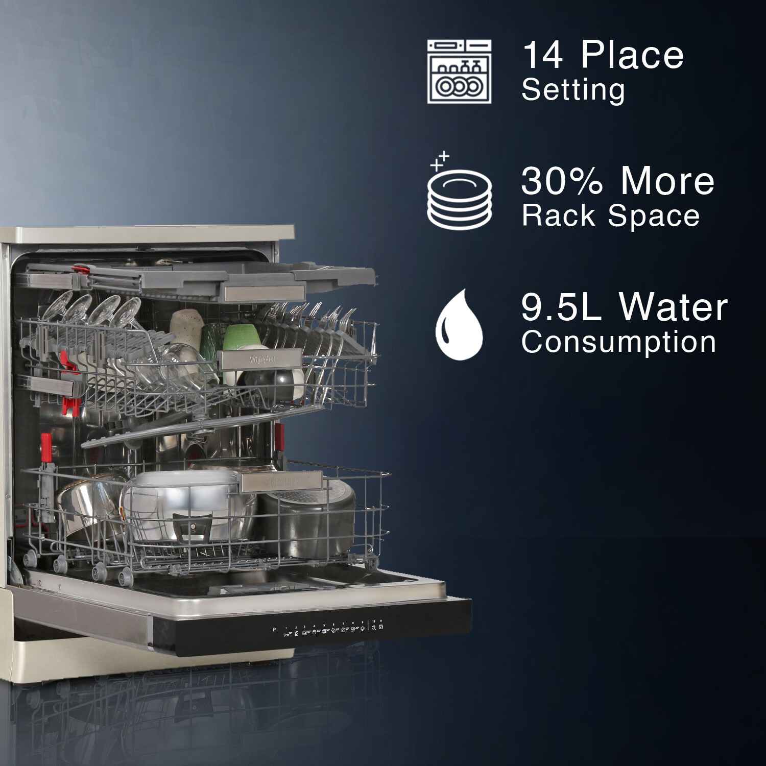 Image of Whirlpool WFO 3O33 PL N X IN Free Standing 14 Place Settings PowerClean Pro Technology, Inox, 30% extra space, 11 wash Programs, Clean and Dry Dishwasher