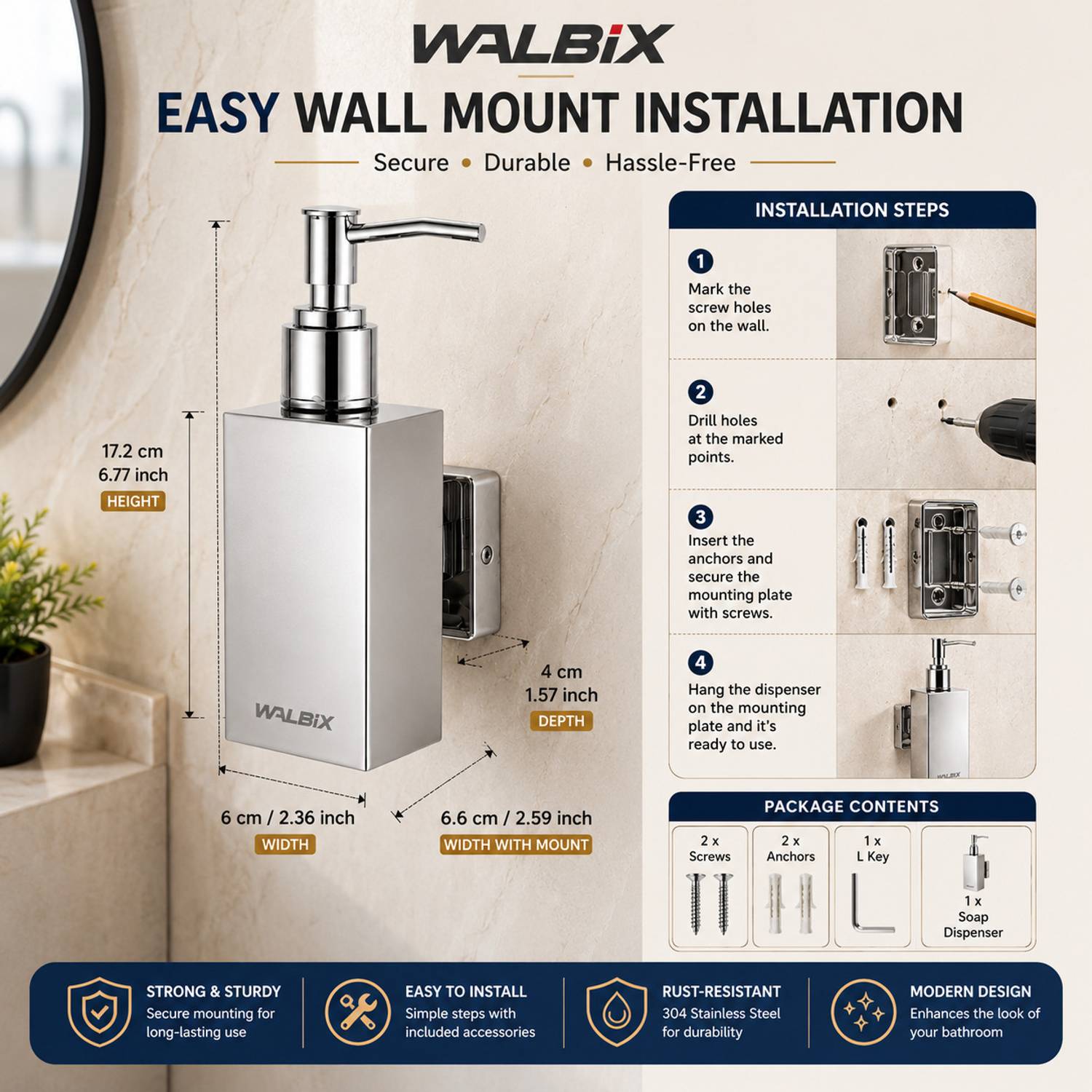 WALBiX Stainless Steel Wall Mounted Handwash Dispenser - Image 3