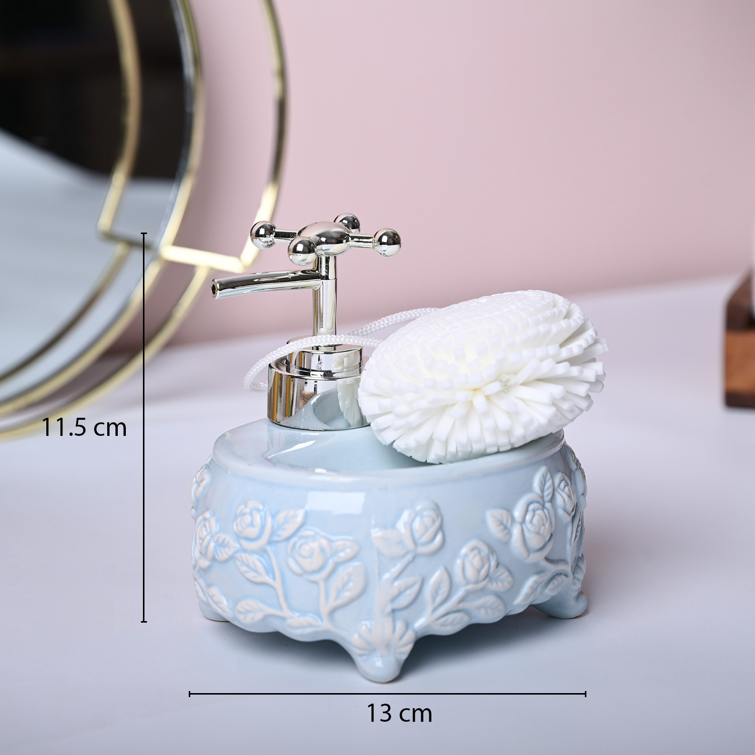 Image of MARKET 99 Ceramic Blue Color Kitchen Dispenser with Scrubber Ceramic Bathroom Set