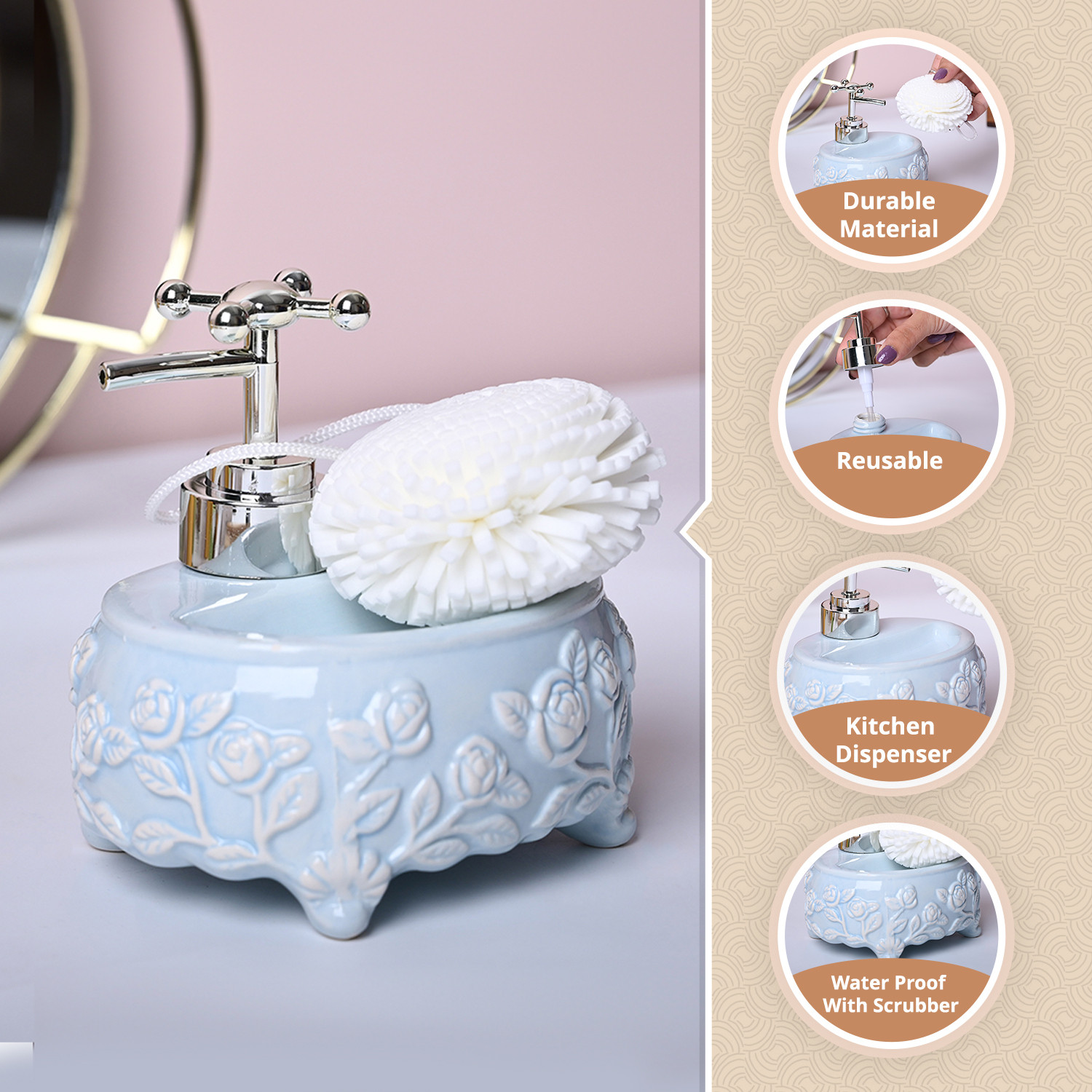 Image of MARKET 99 Ceramic Blue Color Kitchen Dispenser with Scrubber Ceramic Bathroom Set