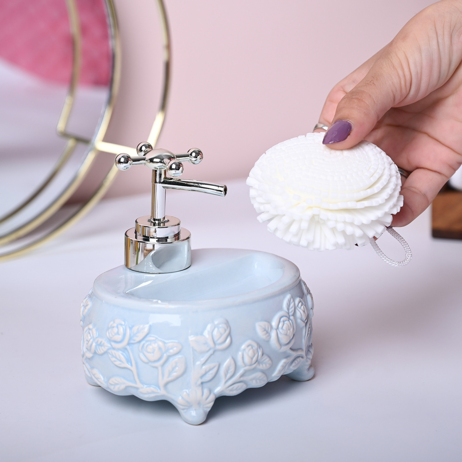 Image of MARKET 99 Ceramic Blue Color Kitchen Dispenser with Scrubber Ceramic Bathroom Set