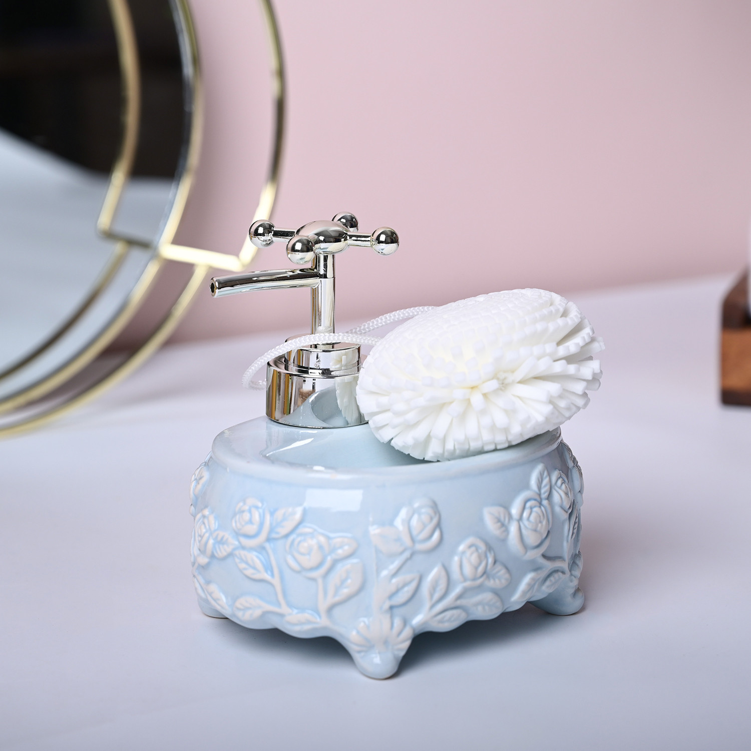 Image of MARKET 99 Ceramic Blue Color Kitchen Dispenser with Scrubber Ceramic Bathroom Set