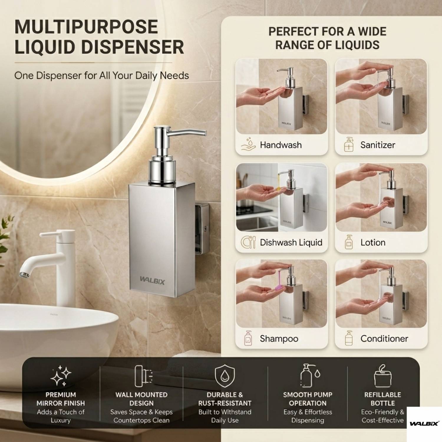 WALBiX Stainless Steel Wall Mounted Handwash Dispenser - Image 4