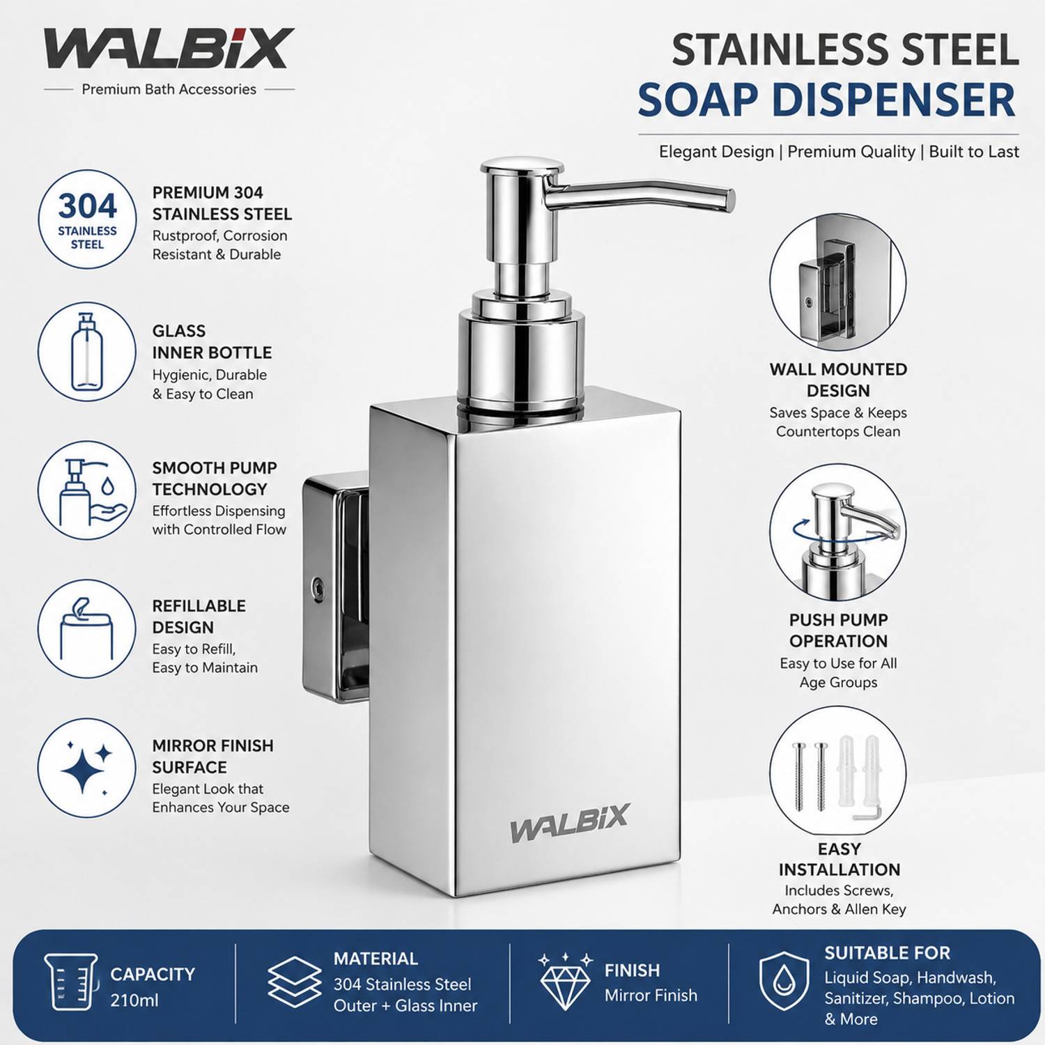 WALBiX Stainless Steel Wall Mounted Handwash Dispenser - Image 2