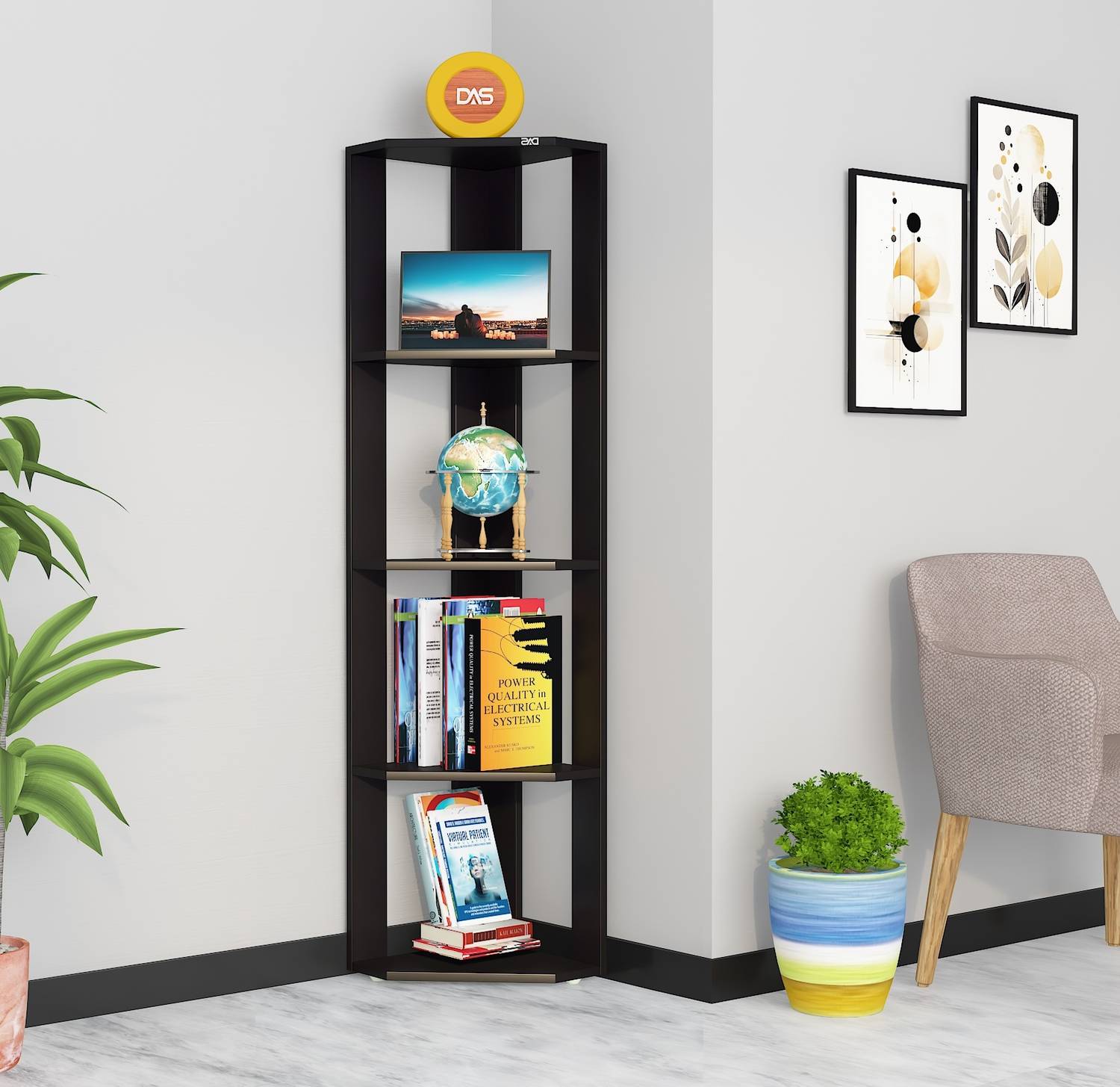 Das Engineered Wood Semi-Open Book Shelf (Finish Color - Black, D