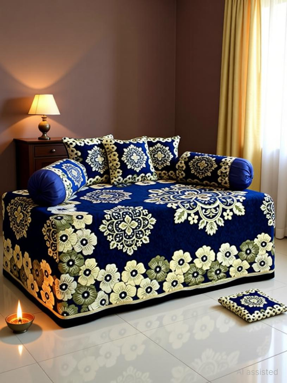 Image of AK Decor Velvet Floral Diwan Set (Blue)