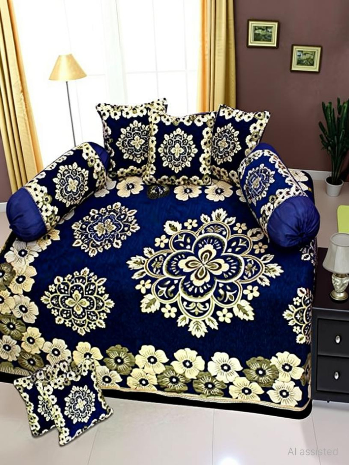 Image of AK Decor Velvet Floral Diwan Set (Blue)